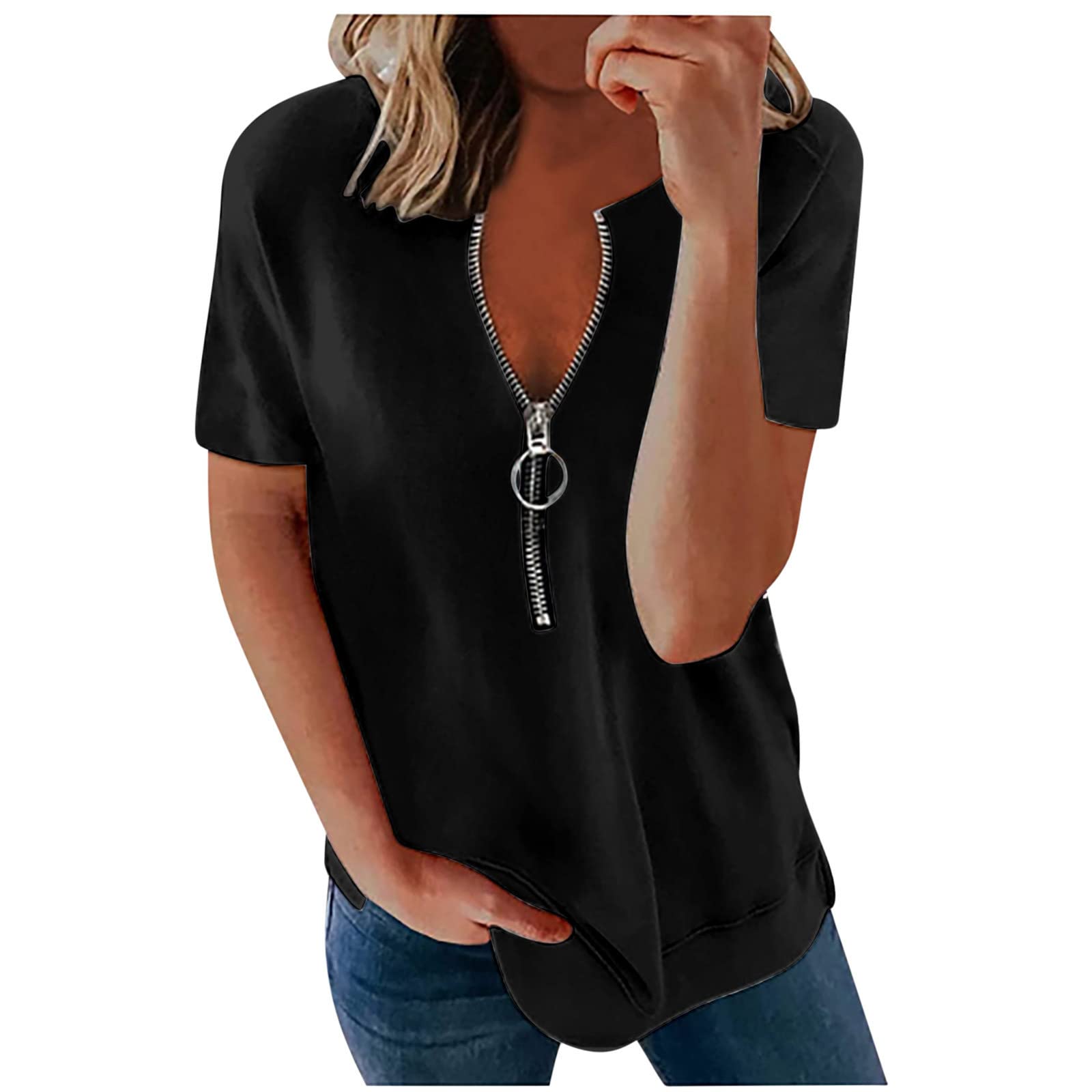 Women's Zip Up Short Sleeve Shirt - Business Casual Loose Fit Graphic T-Shirt & Low Cut Top - Fashionable Camisetas de Mujer for Office Wear & Weekend Outfits