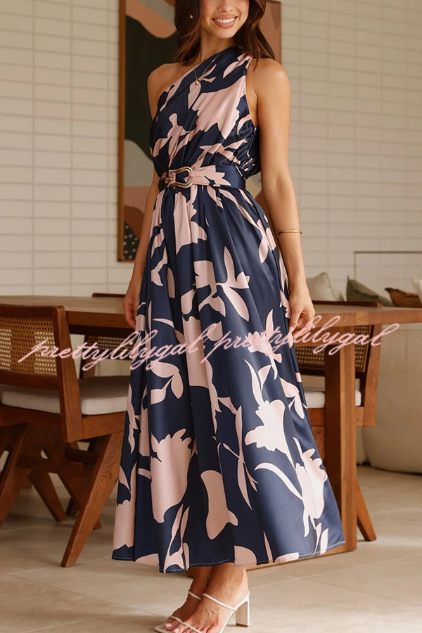 Unique Print Sleeveless One Shoulder Belted Maxi Dress for Women - Summer Beach Party, Evening Cocktail & Special Occasion Outfit