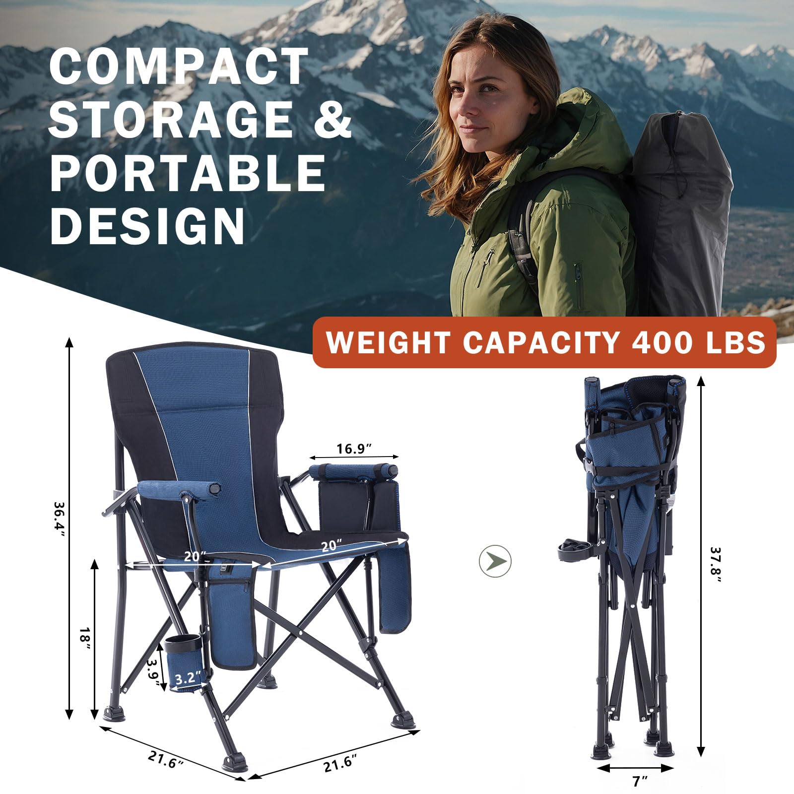 **Portable Heated Camping Chair - 400lb Heavy Duty Folding Outdoor Seat with Cup Holder & Carry Bag - Perfect for Winter Camping, Hunting, Fishing & Backyard Relaxation (Navy, Battery Pack Required)**