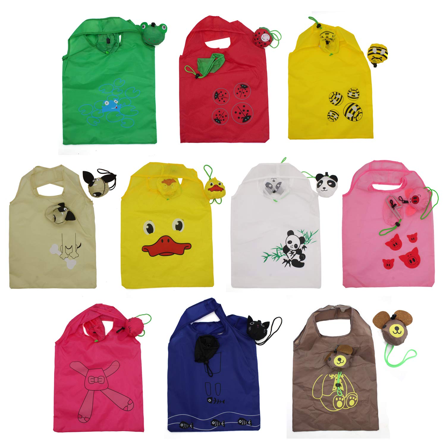 10-Pack Reusable Folding Shopping Bags - Eco-Friendly Compact Grocery Tote Bags for Groceries, Travel & Daily Use (Animal Print Design)