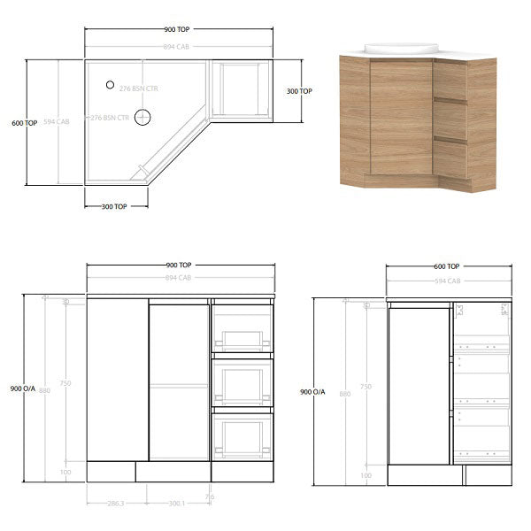 ADP Glacier Lite Door and Drawer Trio Floor Standing Corner Vanity with Cherry Pie Top - Perfect for Bathroom Storage and Organization in Small Spaces