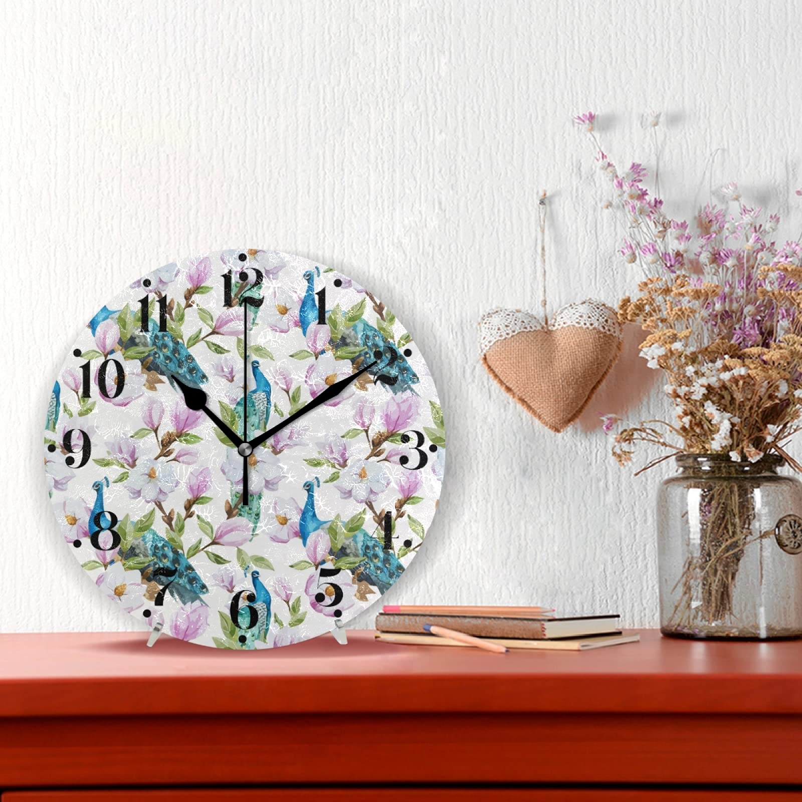 Magnolia Flower Peacock Wall Clock - Silent Non-Ticking Battery Operated Round Modern Art Clock for Kitchen, Living Room & Bedroom Decor | Perfect for Home, Office & Gift Giving