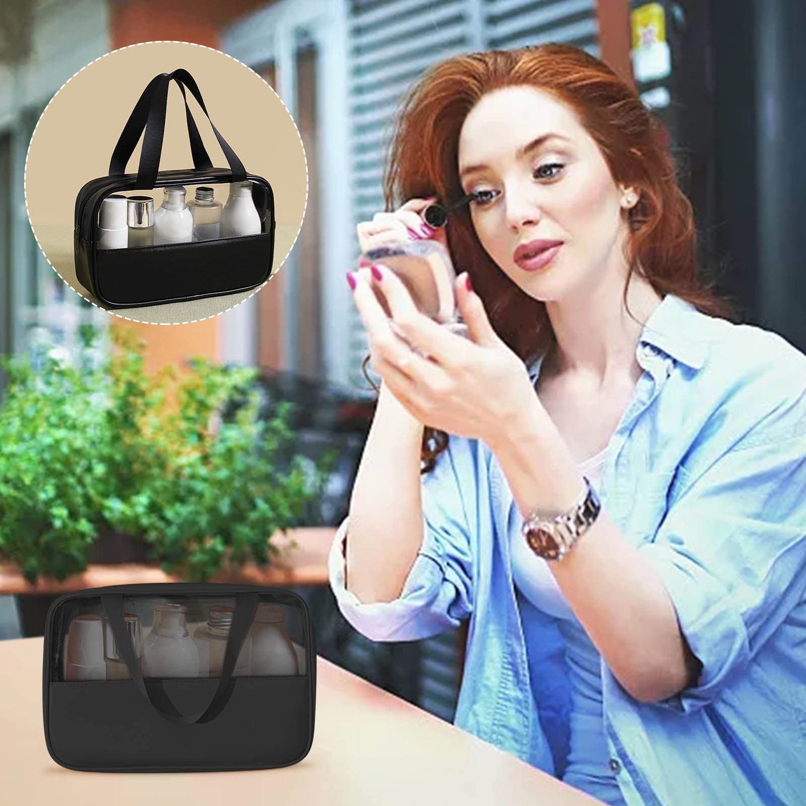 Waterproof Clear PVC & Candy Color Patchwork Zippered Tote Bag - Portable Travel Cosmetic Bag for Bathroom Essentials, Gym & Beach (Black) | Ameedarshan Healthy Choice
