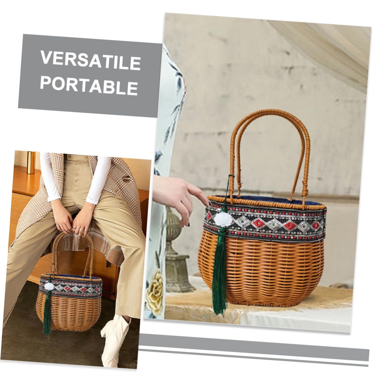 Bestoyard Natural African Rattan Handbag - Fair Trade Seagrass Market Basket with Handle for Groceries, Toy & Magazine Storage - Perfect for Flower Girl, Beach, Picnic & Home Decor