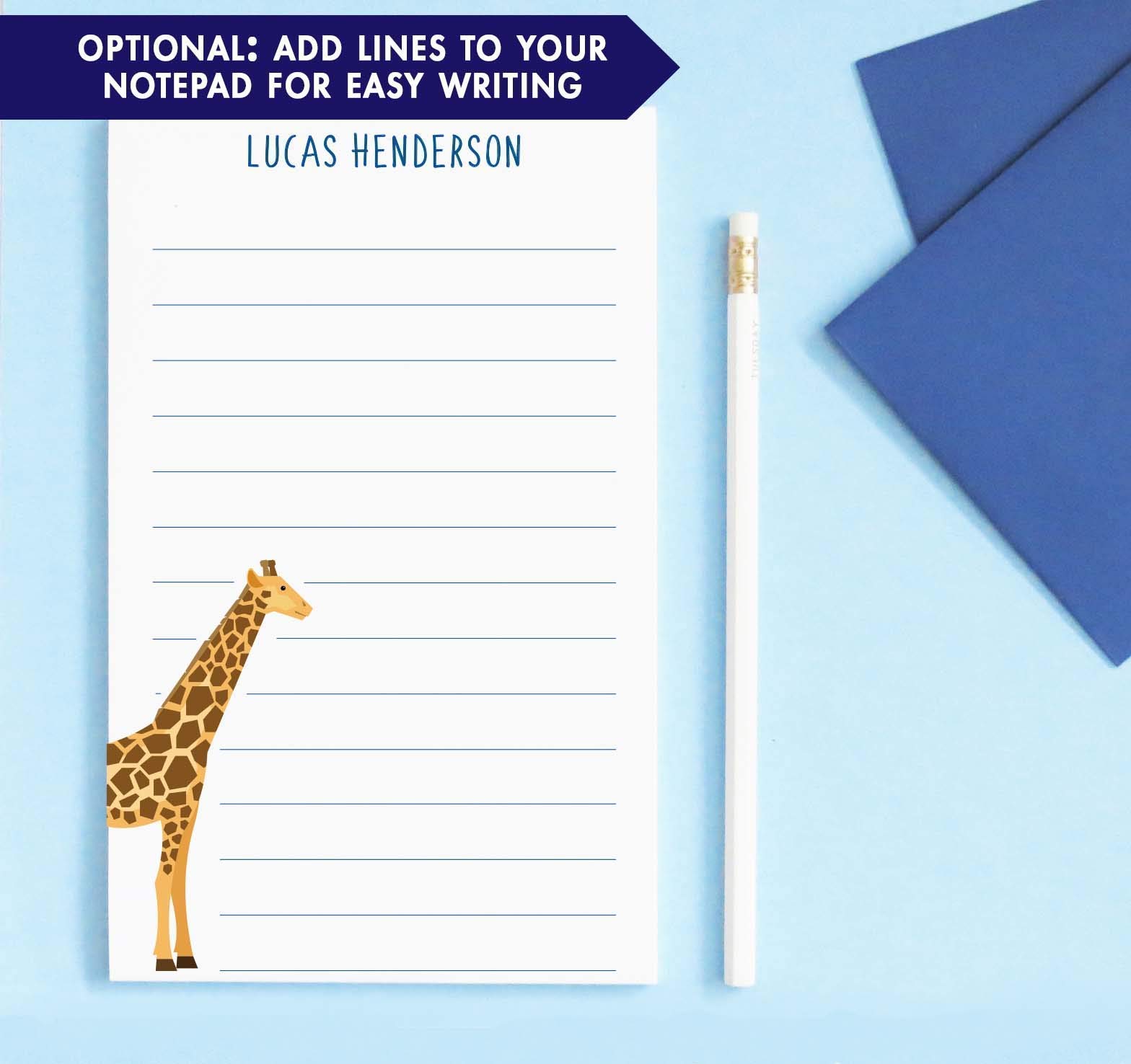 Personalized Giraffe Stationery Set for Kids - Safari Notepad & Envelopes - 5.5x8.5in - Perfect for School & Gifts