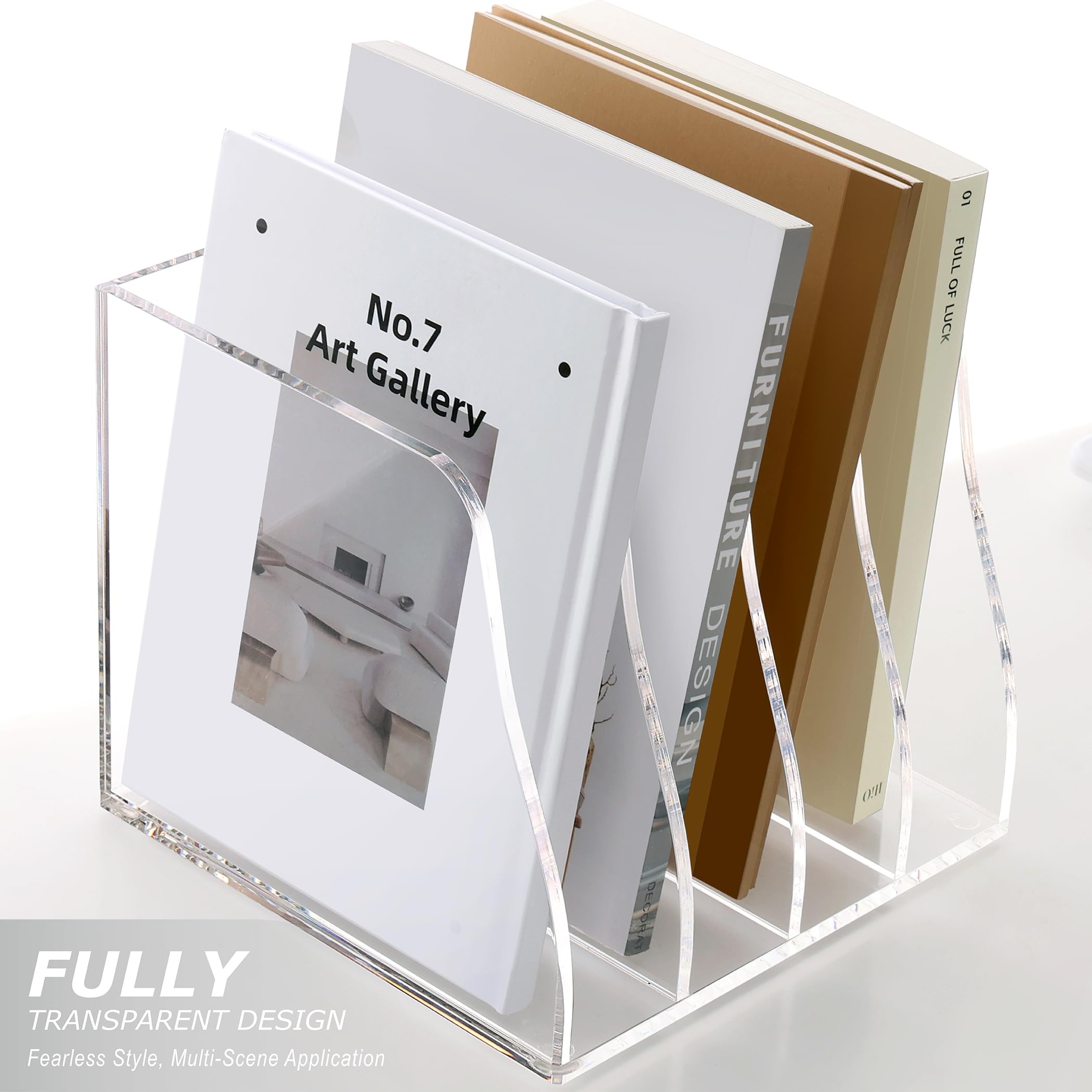 SANRUI Clear Acrylic Desk File Organizer - 4 Vertical Compartments Magazine File Holder for Office Organization | Workspace Storage Solution for Documents, Folders & Office Accessories | Perfect for Home Office, School & Workplace