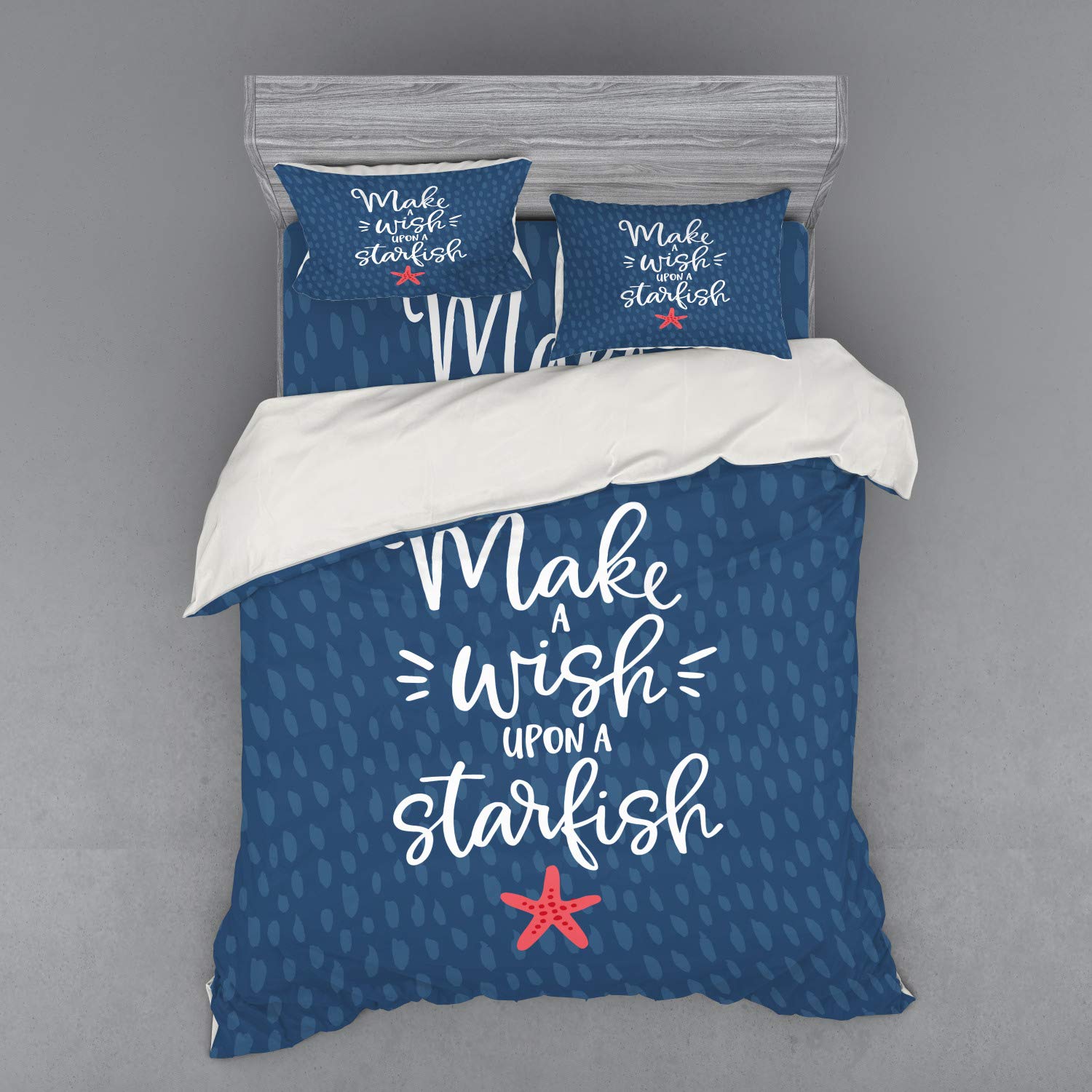 Ambesonne Nautical Themed 4-Piece Queen Bedding Set - Starfish Print Duvet Cover with Shams & Fitted Sheet in Dark Sky Blue, Slate Blue, Dark Coral & White | Coastal Bedroom Decor for Beach House & Guest Room
