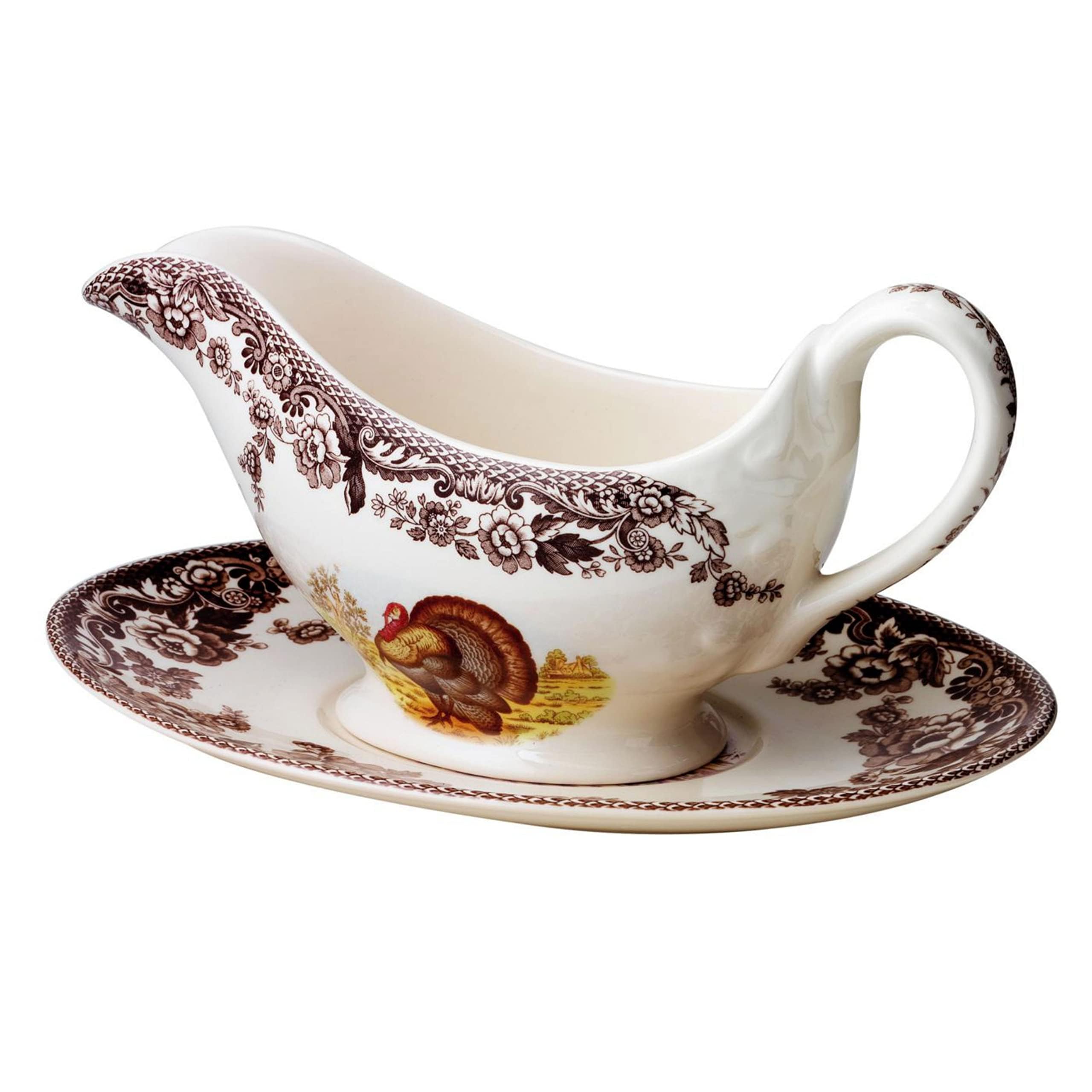 Spode Woodland 11 Oz Porcelain Sauce Boat with Stand - Turkey Motif Design | Microwave, Oven, Freezer & Dishwasher Safe | Perfect for Serving Gravy, Sauces & Dressings | Ideal for Thanksgiving Dinner, Holiday Entertaining & Special Occasions