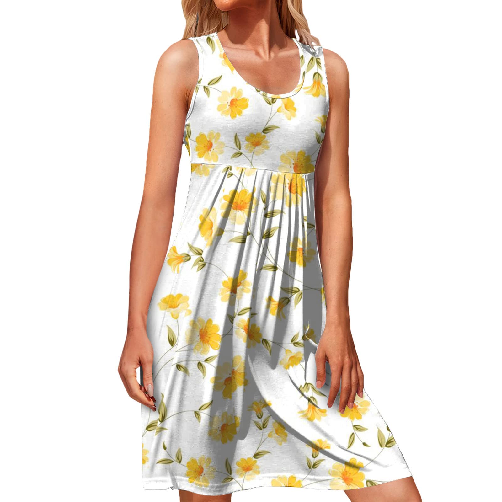 **Xiloccer Women's Floral Print Pleated Sleeveless Sun Dress - Casual Loose Tank Dress for Summer Evenings & Beach Outings**