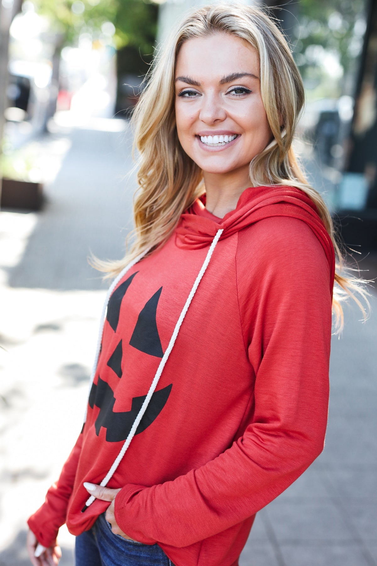 Orange Jack O'Lantern French Terry Thumb Hole Double Hoodie - Halloween Pumpkin Pullover Sweatshirt for Fall & Winter Cozy Outfits