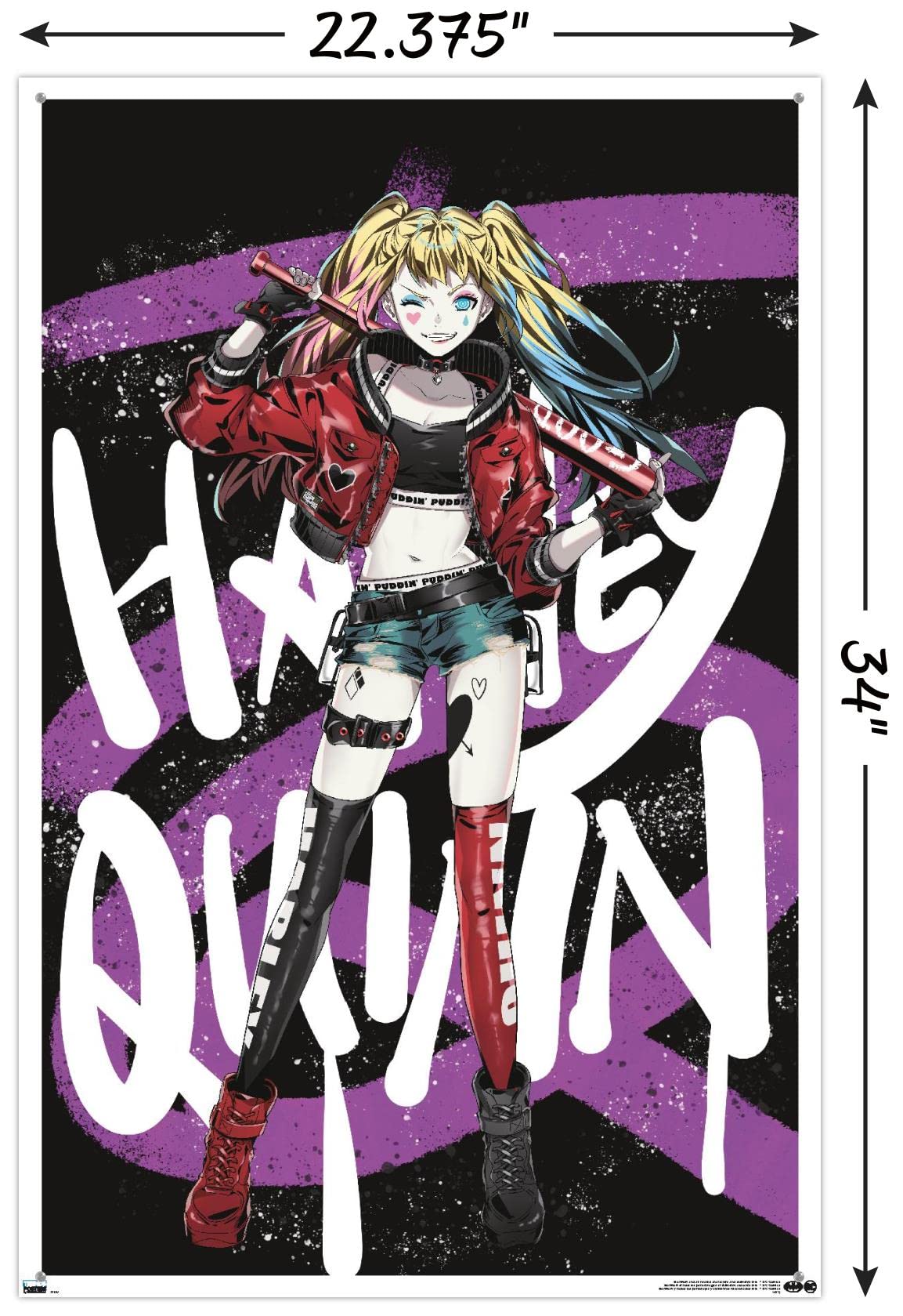 DC Comics Harley Quinn Anime Bat Wall Poster with Push Pins - Perfect for Bedroom, Dorm & Comic Fan Decor