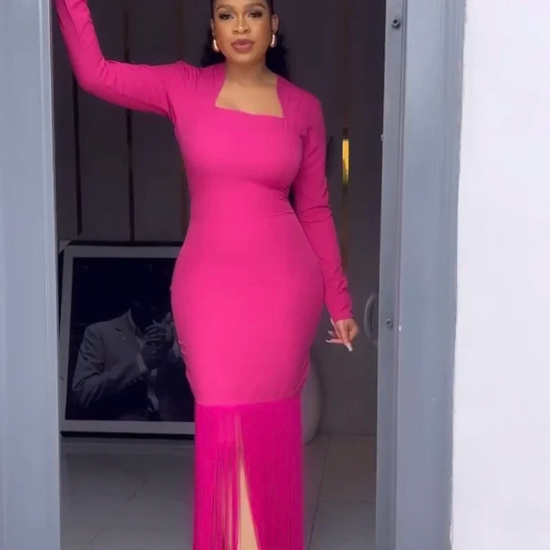 Sexy Black Rose Red Pink Women's Long Sleeve Square Neck Tassel Bodycon Bandage Dress for Nightclub, Party & Celebration - Perfect for Clubbing, Date Nights & Special Occasions
