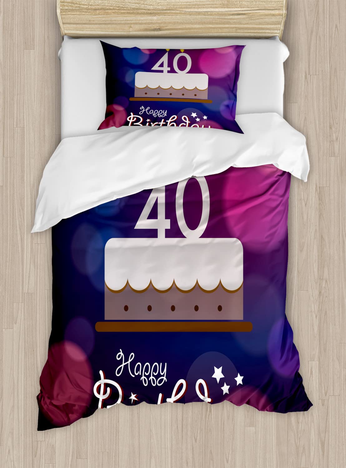 Ambesonne 40th Birthday Duvet Cover Set - King Size 2-Pack with 2 Duvet Covers & 4 Pillowcases - Purple Pink White Geometric Dots & Birthday Cake Design - Fun Bedding for Adult Birthday Parties & Surprise Decorations