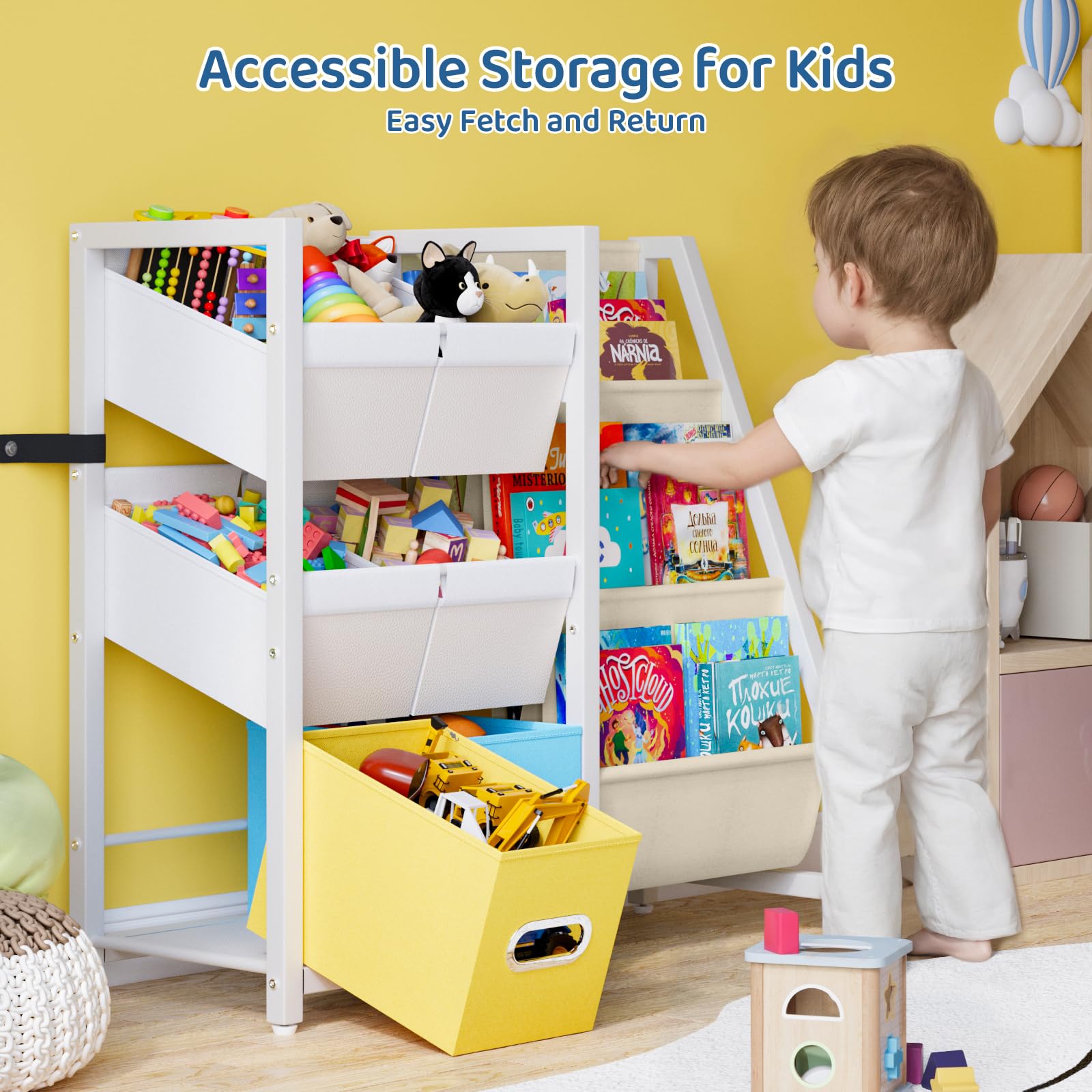 Montessori Kids Bookshelf & Toy Storage Organizer - 6 Bin Toy Organizer with 3 Sling Book Display for Nursery, Toddler & Children's Rooms | Perfect for Bedroom Organization & Playroom Storage