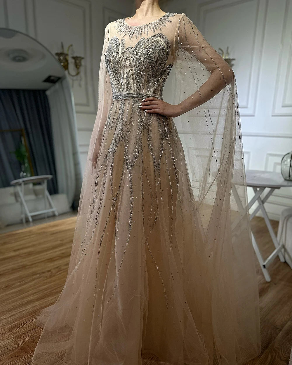 Elegant Nude Blue Beaded Long A-Line Arabic Evening Dress with Cape Sleeves for Dubai Luxury Formal Occasions - LA72785 | Perfect for Weddings, Galas, and Special Events