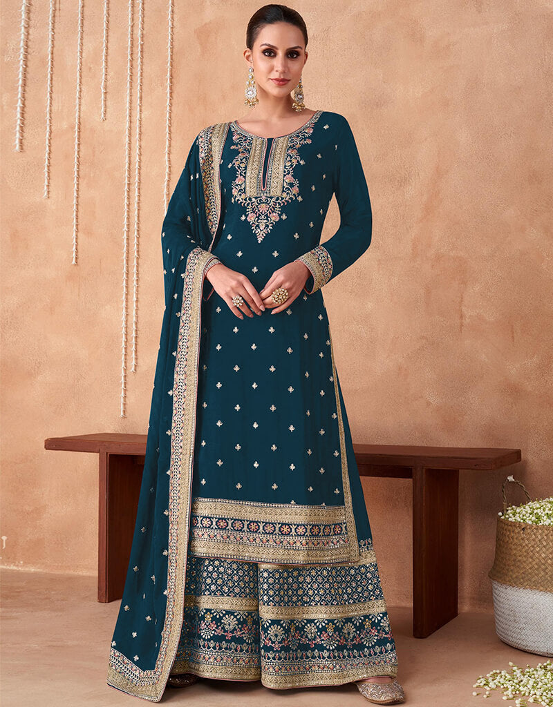 Elegant Blue Faux Georgette Palazzo Pants - Straight Leg Wide Flowy Trousers for Women | Perfect for Casual Wear, Office Outfits & Special Occasions