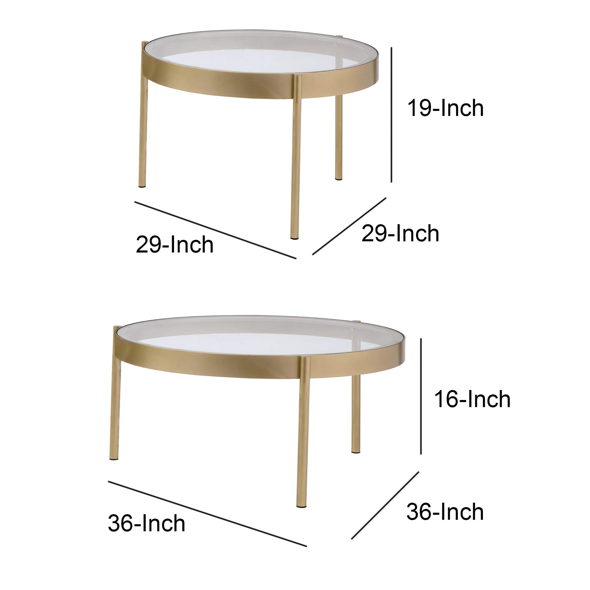 Benjara Modern Round Nesting Coffee Tables - Set of 2 Gold Metal & Glass End Tables for Living Room, Bedroom, or Office - Space-Saving Contemporary Side Tables with Clear Tempered Glass Tops