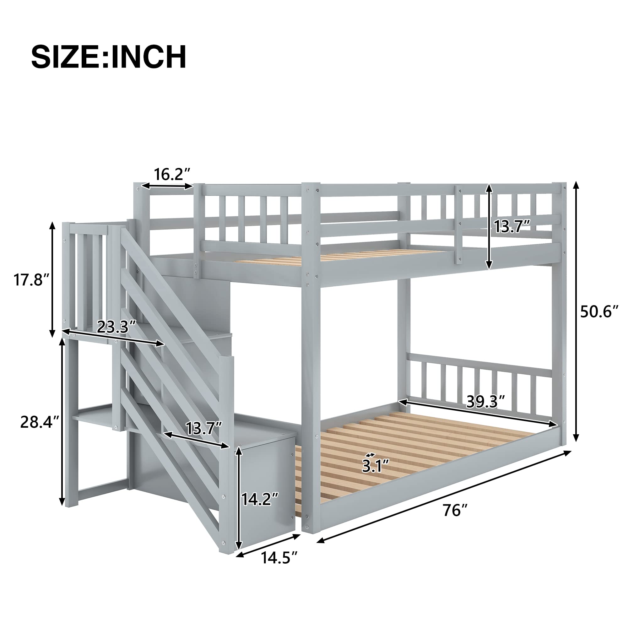 P PURLOVE Twin Over Twin Junior Low Bunk Bed with Storage Stairs - Wooden Floor Bunk Bed for Kids & Teens - Twin Size Bunk Bed with Slats (No Box Spring Needed) - Perfect for Small Bedrooms, Shared Kids' Rooms & Space-Saving Solutions