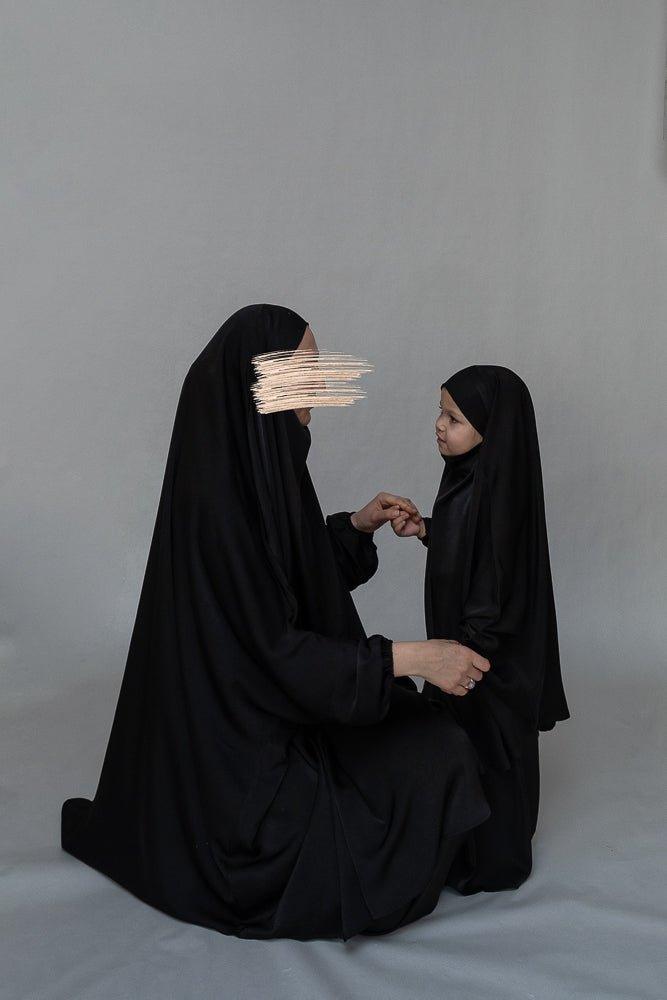 Black Muslim Prayer Dress for Women - Mommy and Me Islamic Khimar Collection - Perfect for Salah, Eid, Mosque & Home Worship