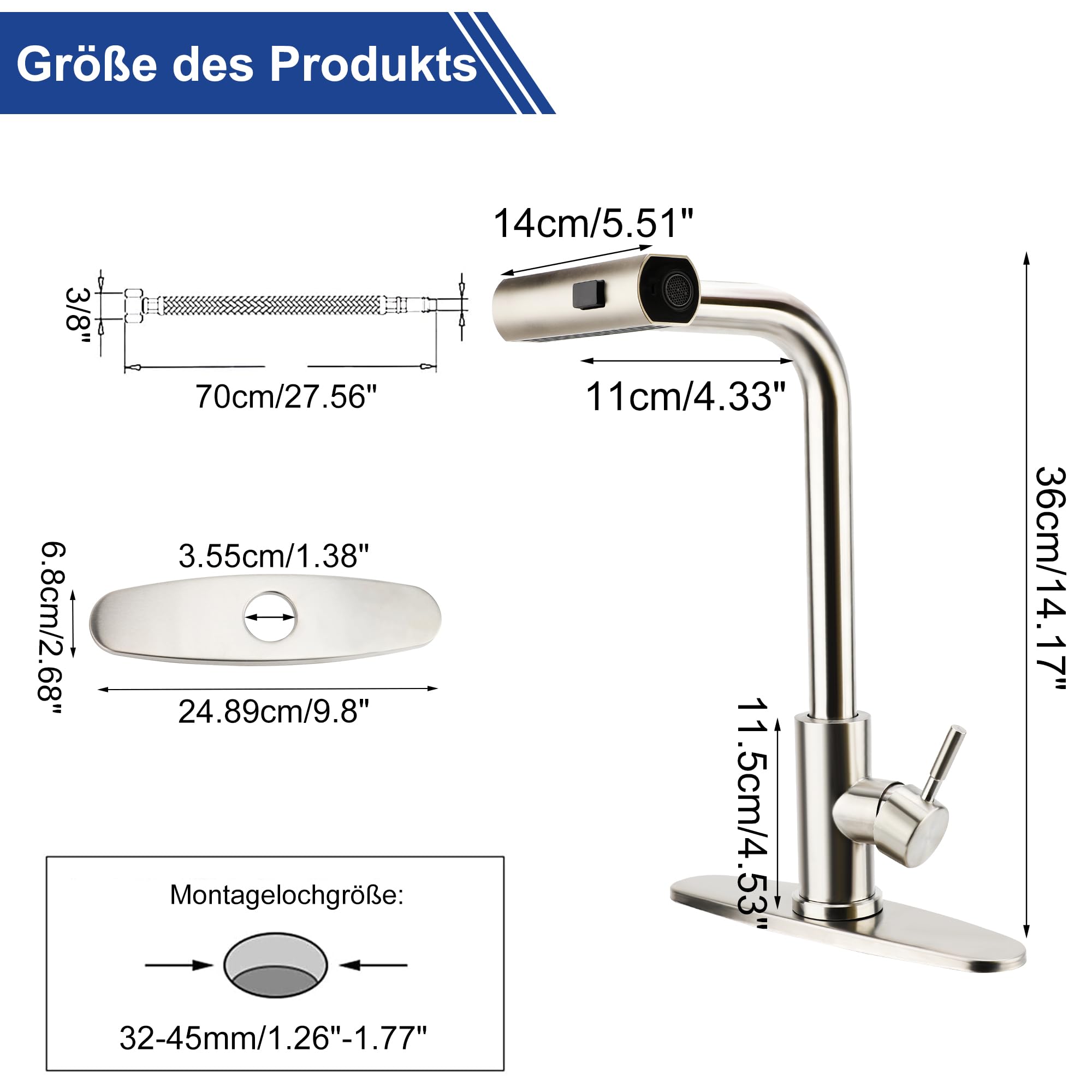 MEKOTRIN 360° Rotatable Stainless Steel 304 Kitchen Waterfall Tap with 3 Jet Types, Splash-proof Mixer Tap for Modern Sink Design, Ideal for Home and Commercial Kitchens