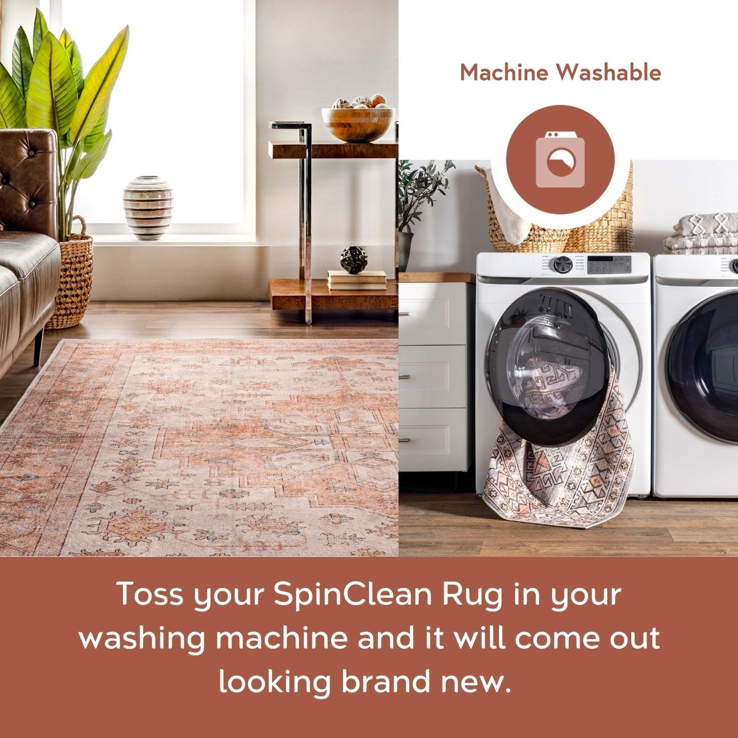 nuLOOM 6' x 9' Machine Washable Stain-Resistant Area Rug with Non-Slip Backing - Low Profile Soft Indoor Rug for Living Room, Bedroom & Dining Room - Dawson Peach - Perfect for High Traffic Areas & Pet-Friendly Homes