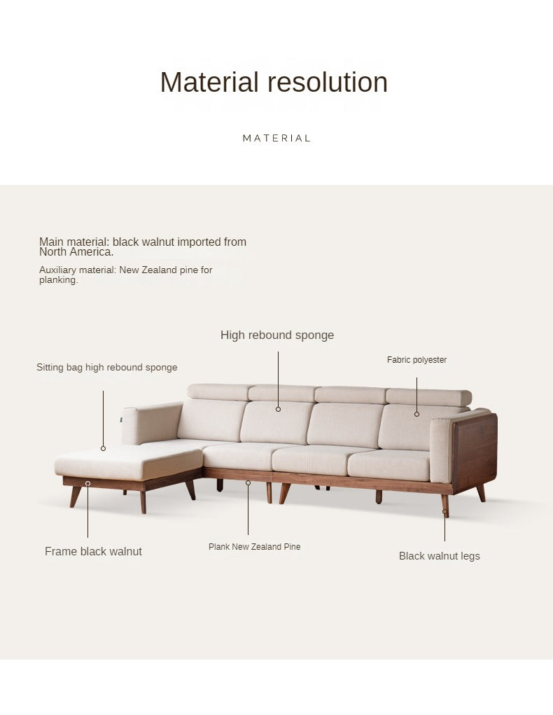 Premium Black Walnut & Ash Solid Wood Adjustable Headrest Sofa - Modern Living Room Furniture for Relaxation & Comfort