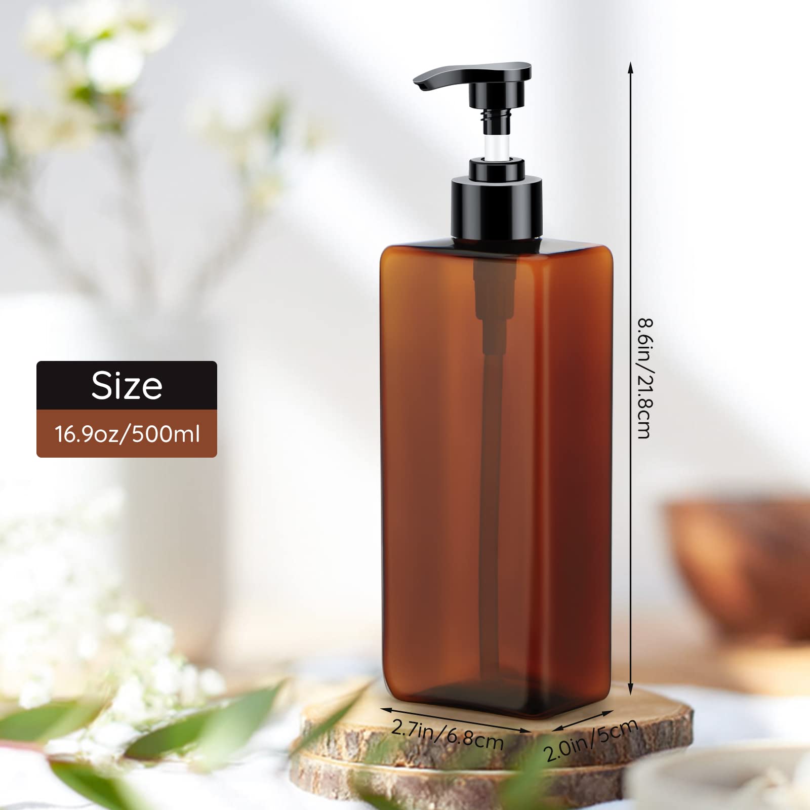 Segbeauty 4-Pack 16.9oz (500ml) Empty Refillable Shampoo & Conditioner Bottles with Pump Dispenser - Plastic Reusable Soap Dispenser for Shower, Hand Wash, Lotion & Dish Soap - Includes Labels - Amber Color for Bathroom & Kitchen Organization