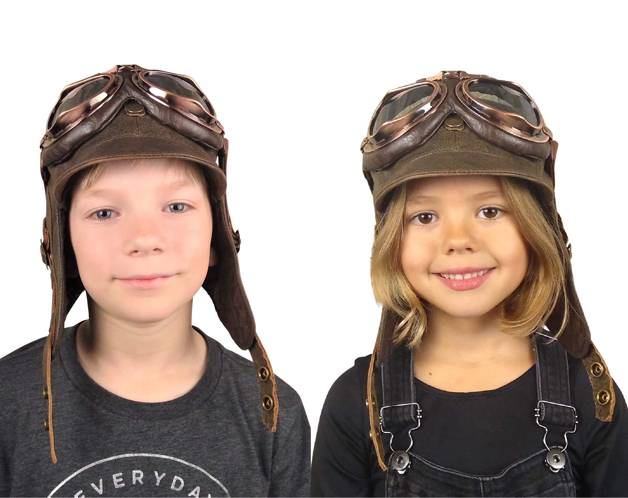 Kids Aviator Hat with Goggles - Genuine Brown Leather Pilot Cap for Children - Small Size - Perfect for Dress Up, Halloween Costumes & Aviation-Themed Parties