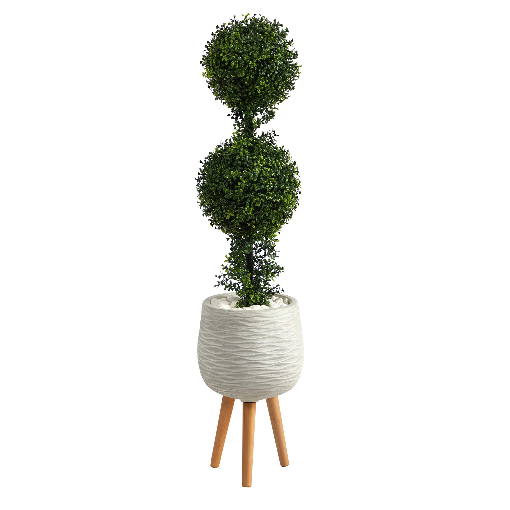 Nearly Natural 4ft Artificial Boxwood Double Ball Topiary Tree in White Planter with Stand - Indoor Outdoor Decor for Patio, Garden, Porch, Living Room & Office