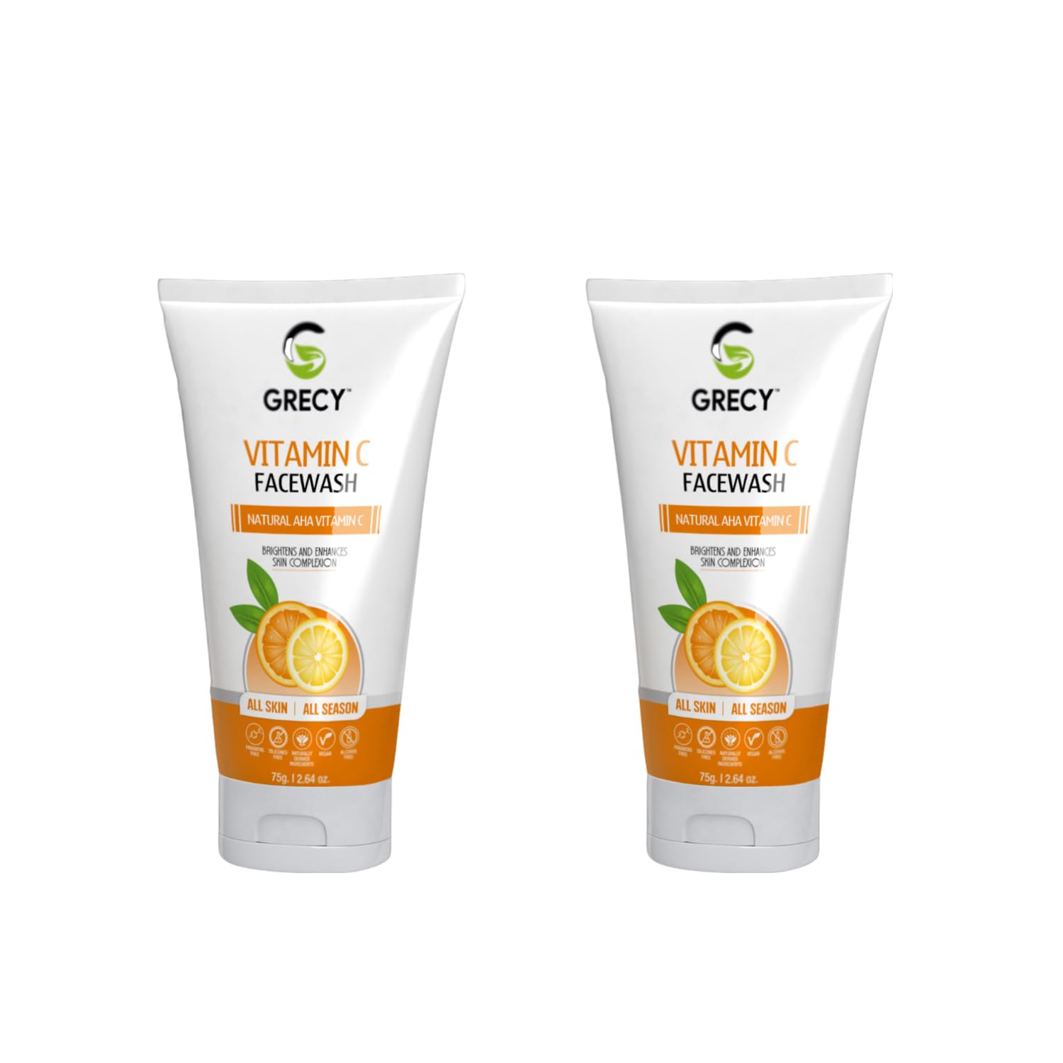 Grecy Vitamin C & Natural AHA Face Wash for Men & Women - 75g (Pack of 2) - Brightening & Exfoliating Cleanser for All Skin Types - Perfect for Daily Skincare Routine & Acne Treatment