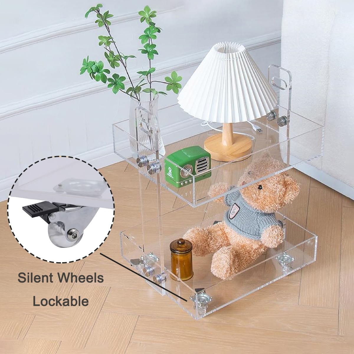 Gdrasuya10 2-Tier Clear Acrylic Rolling Serving Cart with Wheels - 16 Inch Mobile Side Table for Living Room, Bedroom, Party & Balcony - Perfect for Snacks, Drinks, Books & Home Decor Storage