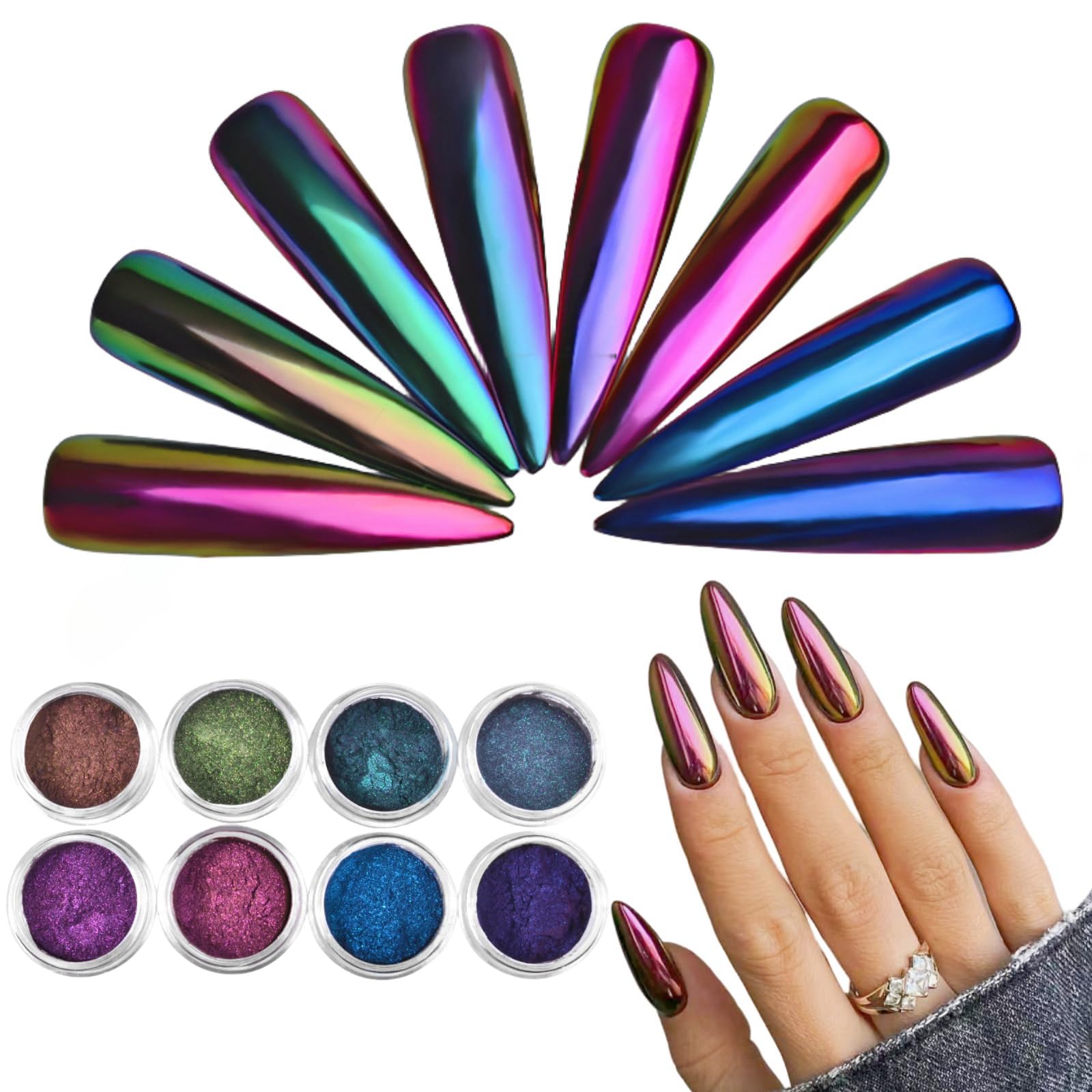 Chameleon Chrome Nail Powder - 8 Box Set of Mirror Glitter Pigment for Gel Nails | Shiny Metallic Nail Art Supplies | Perfect for Salon, Manicure, Party & Special Occasion Nail Designs
