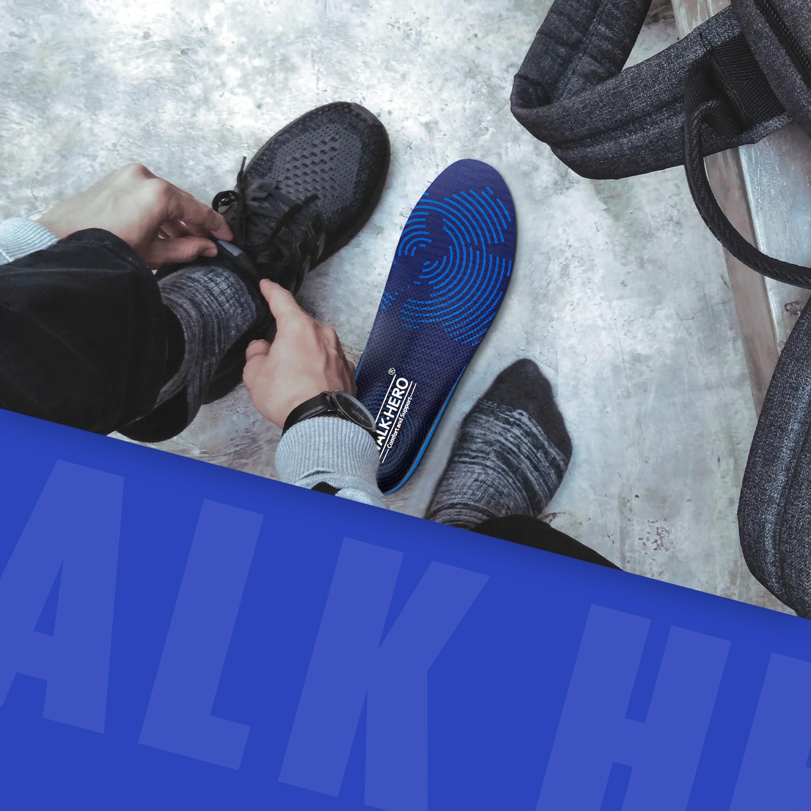 WALKHERO Medium Arch Support Insoles for Plantar Fasciitis Relief - Orthotic Shoe Inserts for Men & Women, Cushioned Foot Pain Relief & Shock Absorption (Blue, Men's Size 7-7.5) - Perfect for Running, Walking & Standing All Day