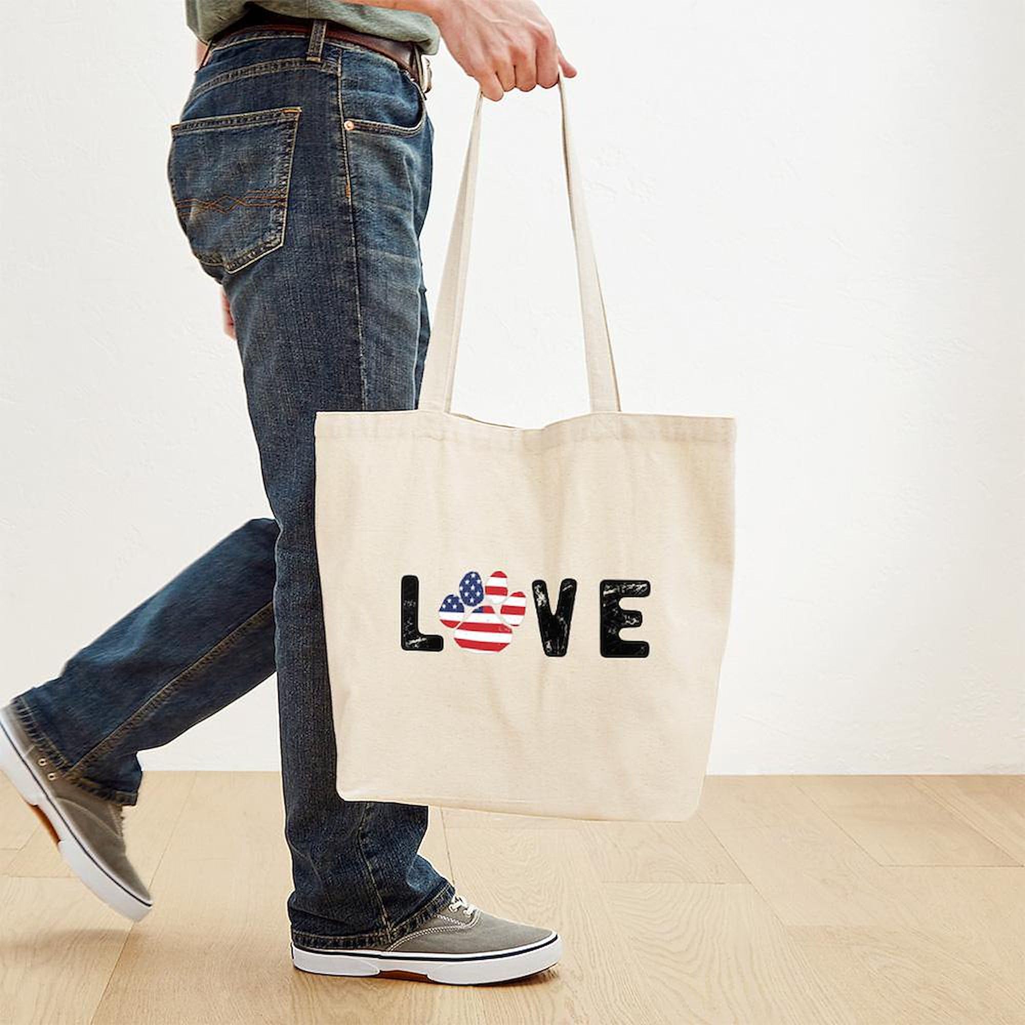 Love Paw Print Tote Bag - Natural Canvas Reusable Shopping Bag for Groceries, Beach & Pet Lovers | Eco-Friendly Cotton Tote with Dog Paw Design
