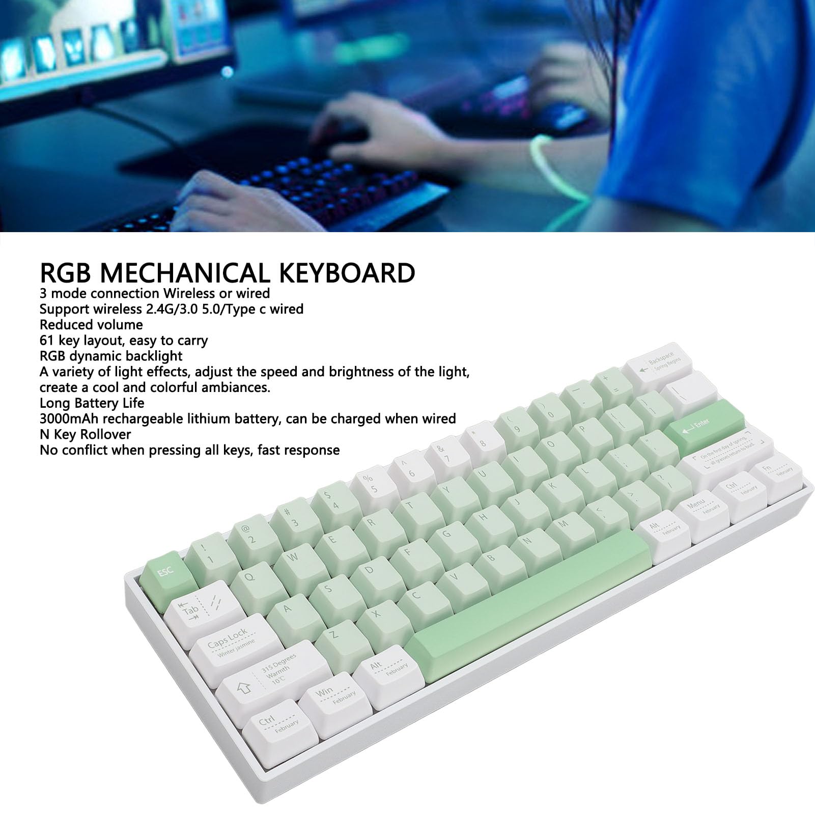 Vikye 61-Key Mechanical Gaming Keyboard - RGB Backlit, Hot-Swappable Red Switch, 3 Modes (Wired/Bluetooth/2.4G) for Windows PC & Laptop - Perfect for Gaming, Typing & Office Work