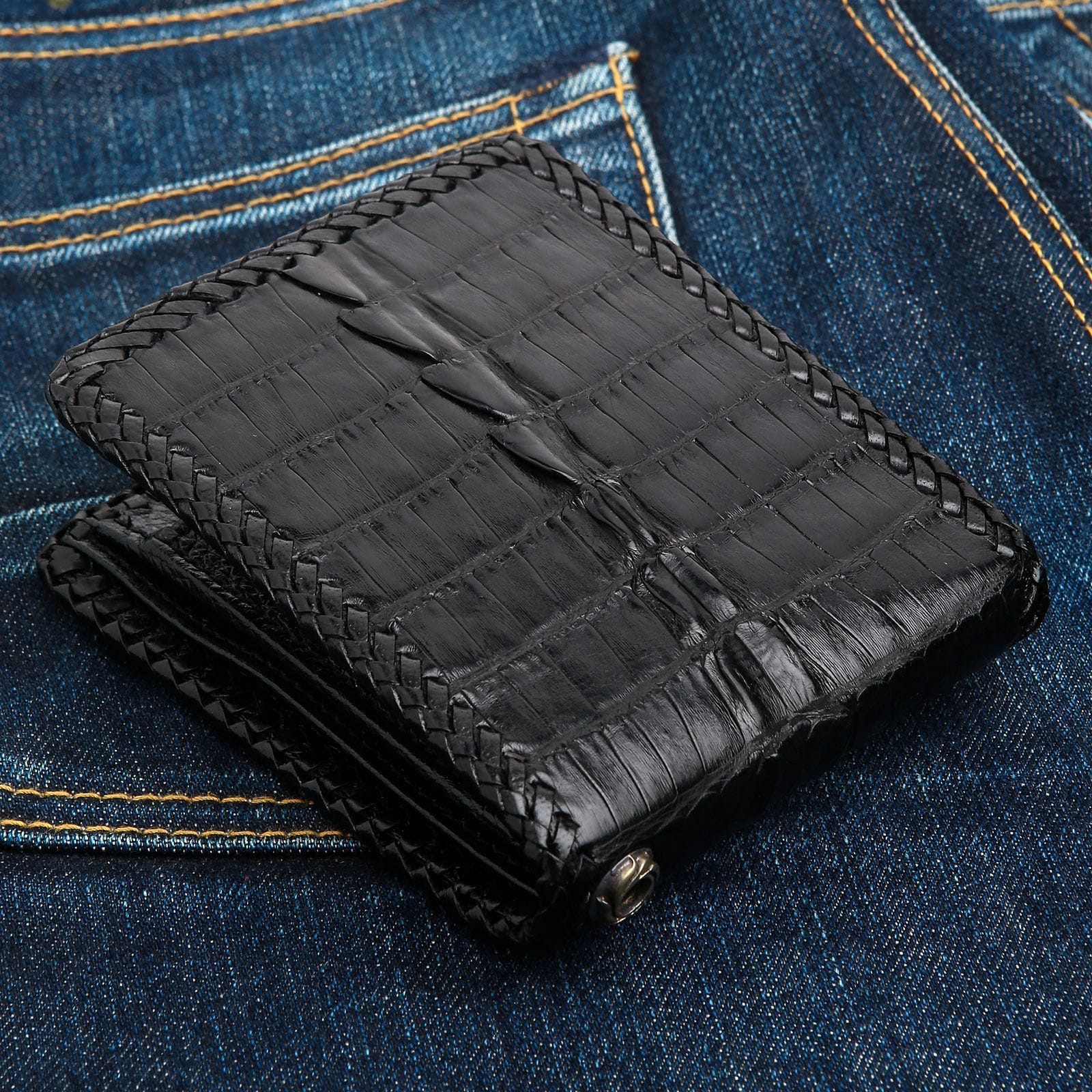 Black Crocodile Leather Biker Wallet for Men - RFID Blocking Slim Wallet with Money Clip - Perfect for Motorcycle Riders, Travel & Everyday Use