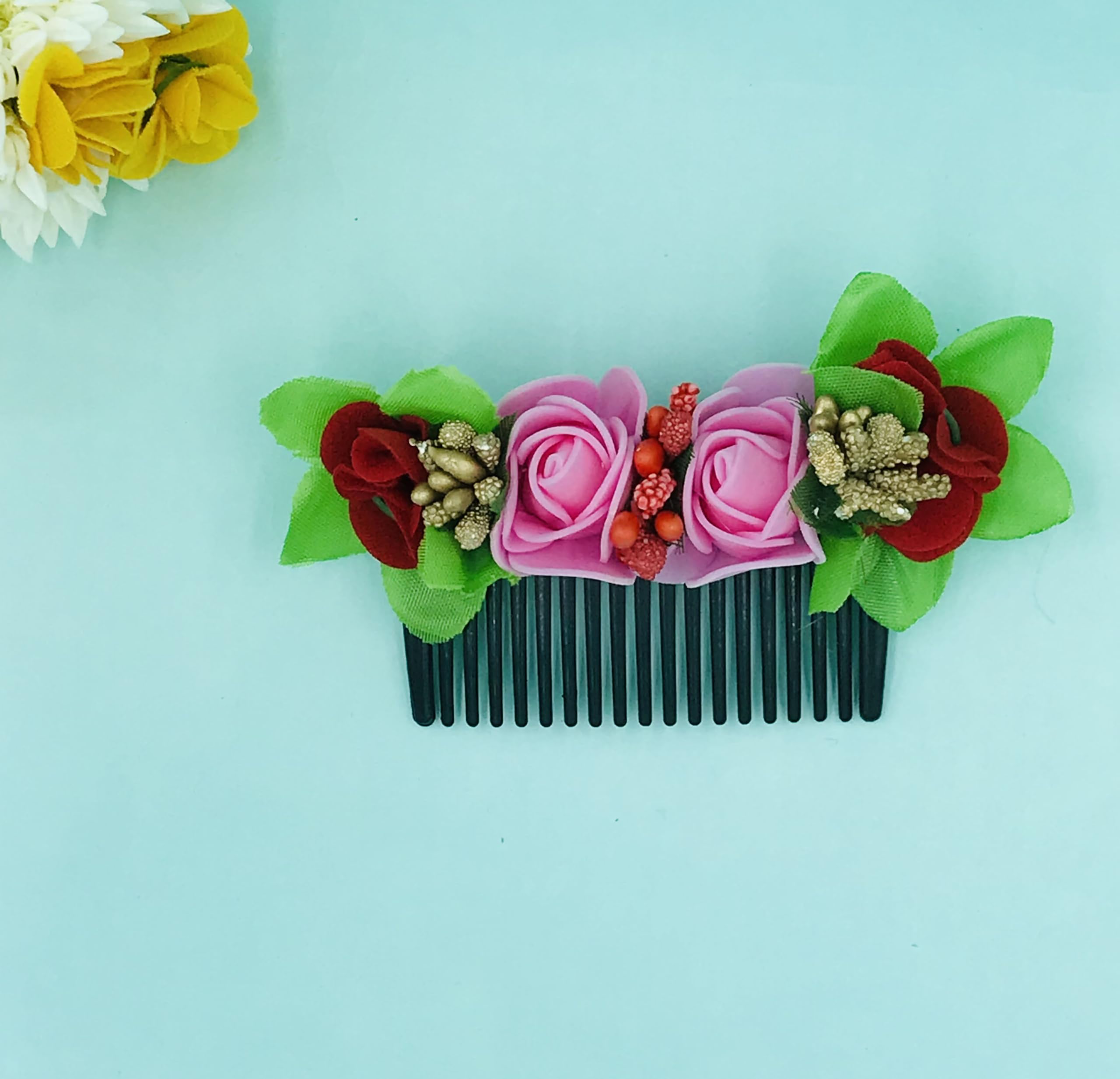 AROOMAN 3-Piece Red Hair Accessories Set for Women - Floral Hair Gajra, Hair Flower Pin & Comb | Bridal, Party, Wedding Hairstyle Decorations