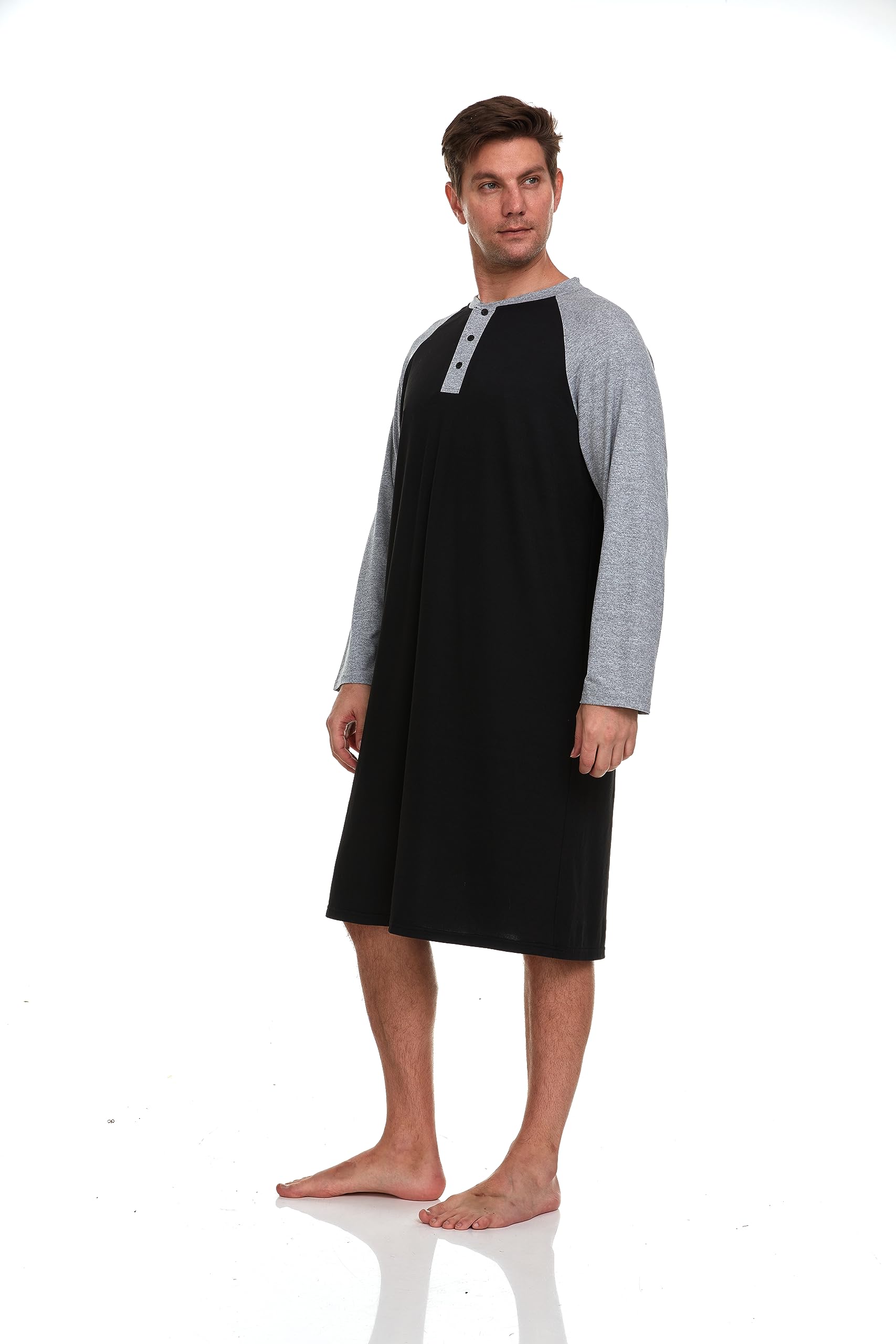 Men's Long Sleeve Nightshirt - Comfortable Sleepwear for Lounge & Bedtime, Black