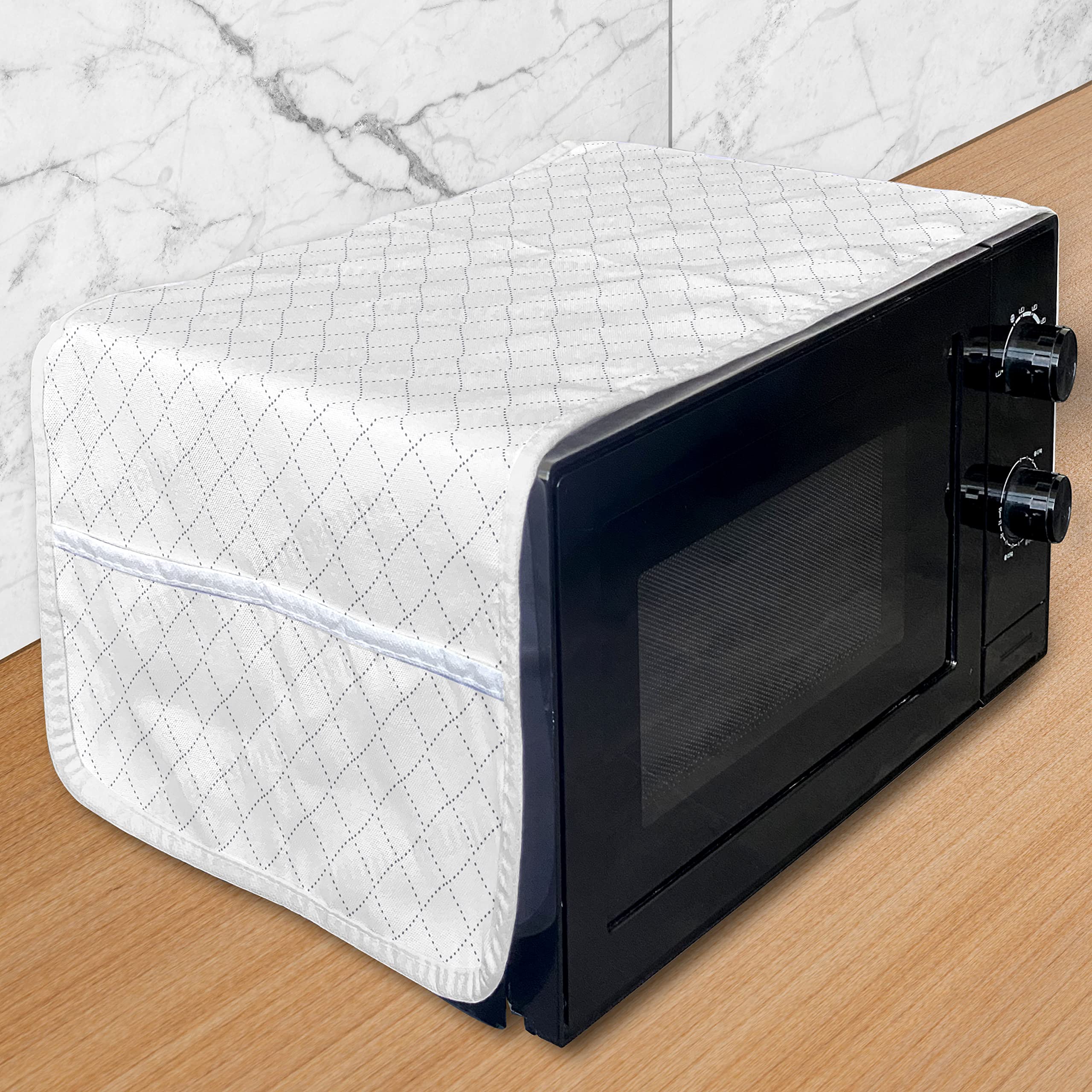 Ambesonne Vintage Microwave Cover - Waterproof Kitchen Organizer with Pockets, 36x12 Inches, White & Grey Geometric Square Dot Pattern - Perfect for Modern, Farmhouse & Apartment Kitchens