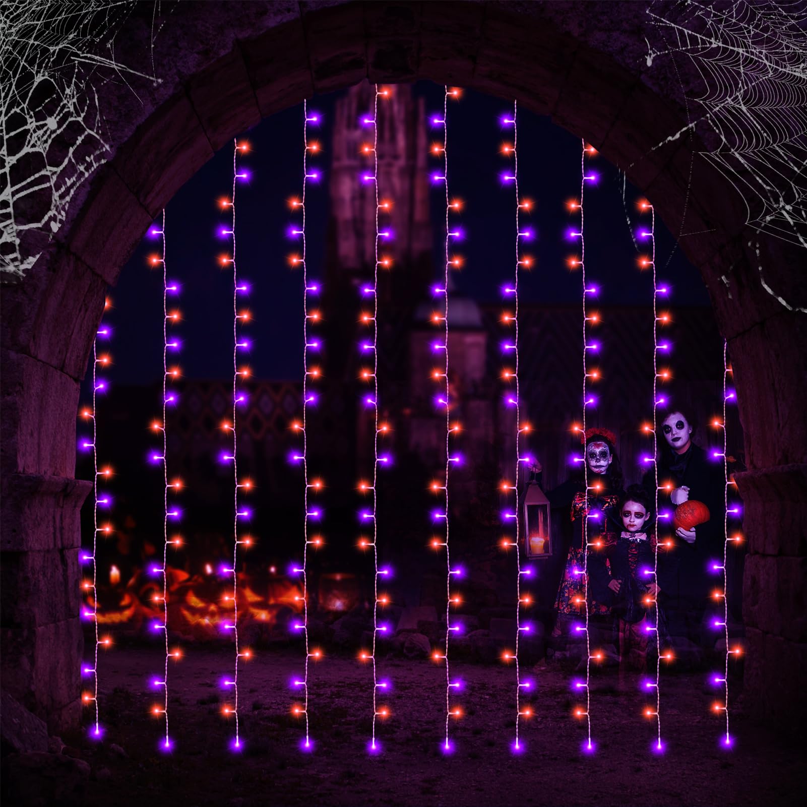 300 LED Halloween Curtain Lights Battery Operated - 9.8Ft x 9.8Ft Purple Orange Fairy String Lights with Remote & Timer for Party, Garden, Yard, Window, Bedroom, and Indoor/Outdoor Decor