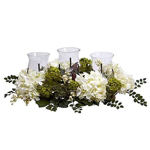 Artificial Hydrangea Plants Triple Candelabrum - Silk & Plastic Floral Arrangement in Green, White, Purple - Home Decor, Wedding Centerpiece, Tabletop Display