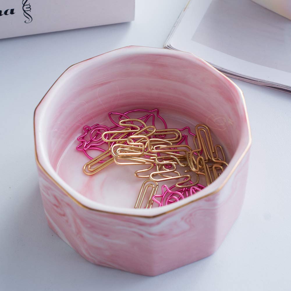 Ceramic Marble Paper Clip Holder - Desk Organizer for Binder Clips & Office Supplies | Stylish Pink Desk Accessory for Home & Office Workspace