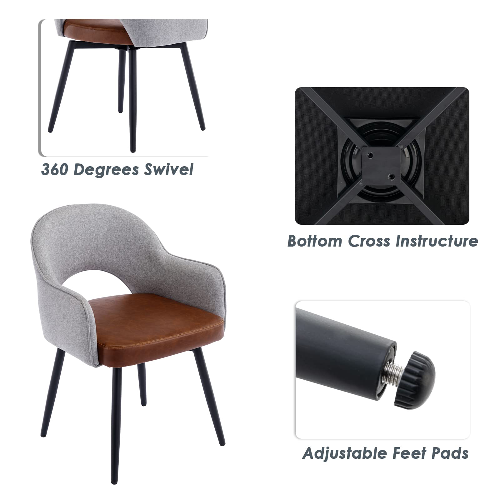 DUOMAY Modern Swivel Dining Chairs Set of 6 - Linen & Faux Leather Upholstered Accent Side Chairs for Home Office Desk, No Wheels - Light Grey for Dining Room, Living Room & Office Decor