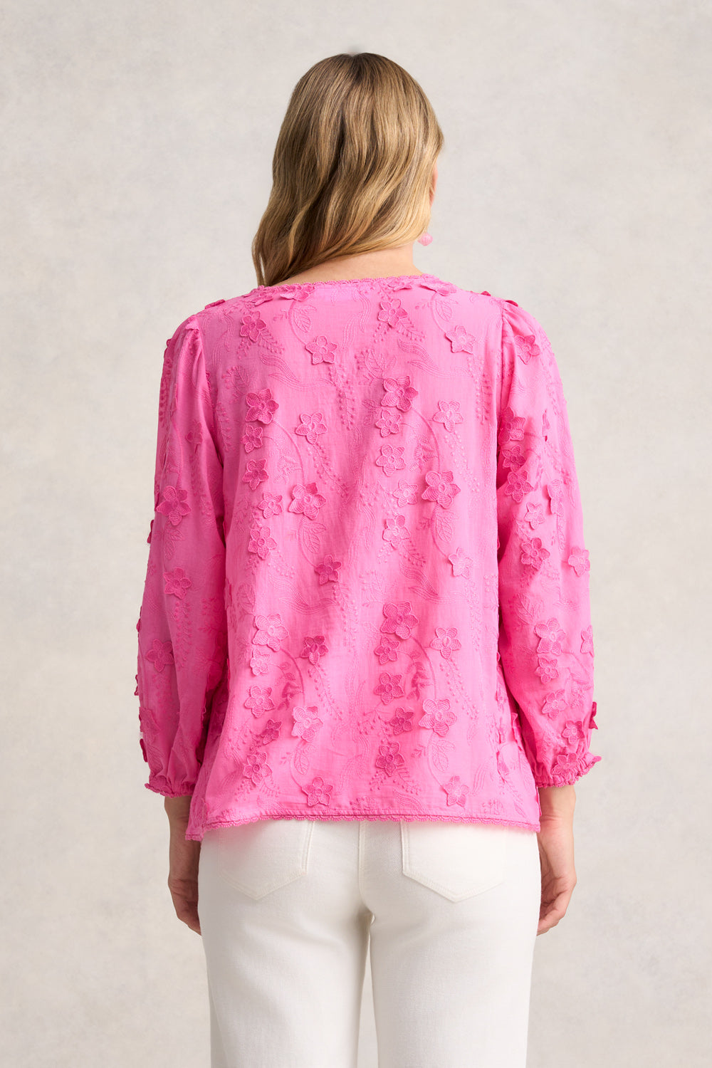 Lace Trim Embroidered Top Women's Blouse - Vivid Pink Floral Design Fashion Tops for Casual Wear, Date Night & Spring Outfits