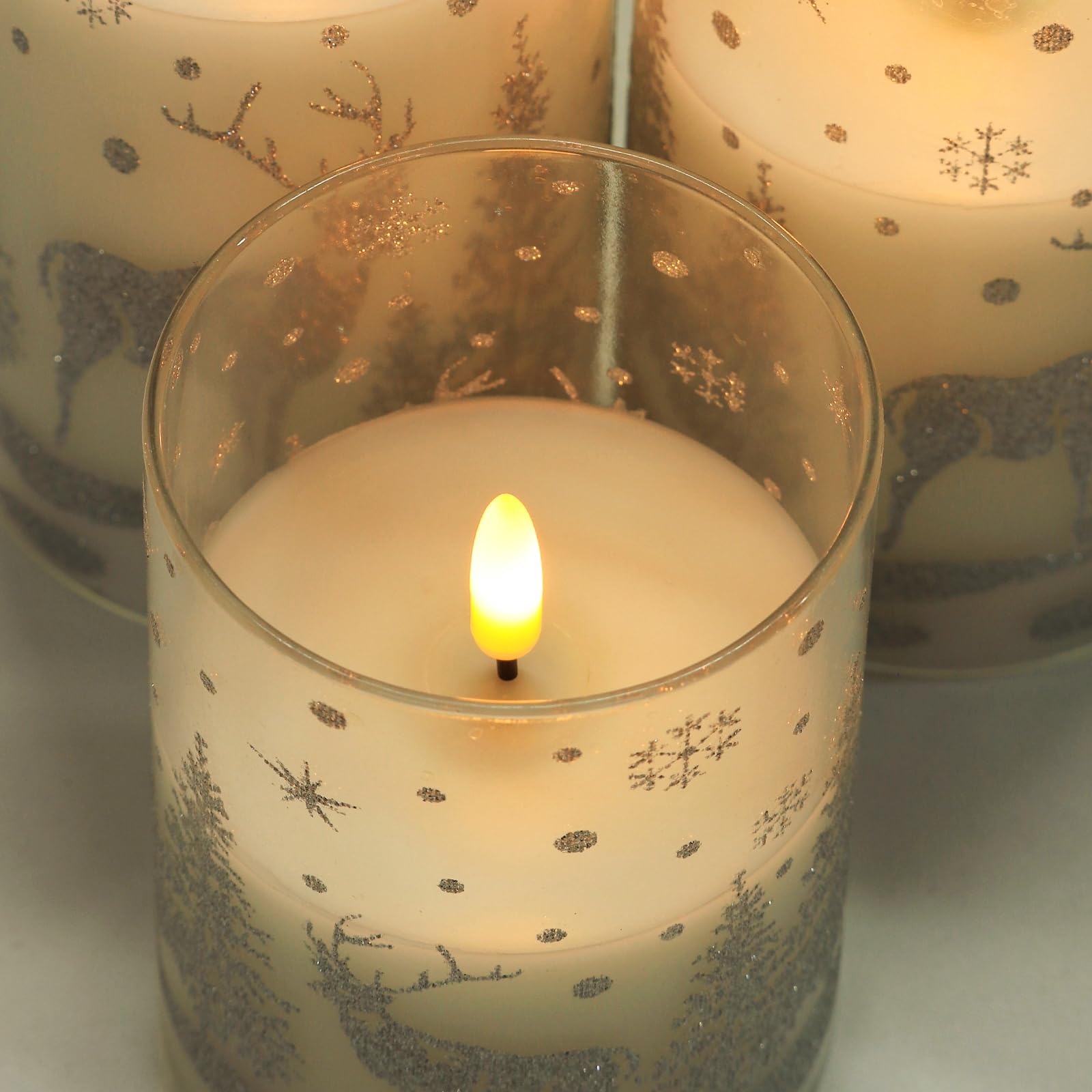 Real Wax LED Flameless Candles with Remote Control - Battery Operated Flickering Candles with Silver Trees & Deer Snowflake Design, Set of 3 - Perfect for Christmas Decor, Holiday Parties & Winter Wonderland Home Decor