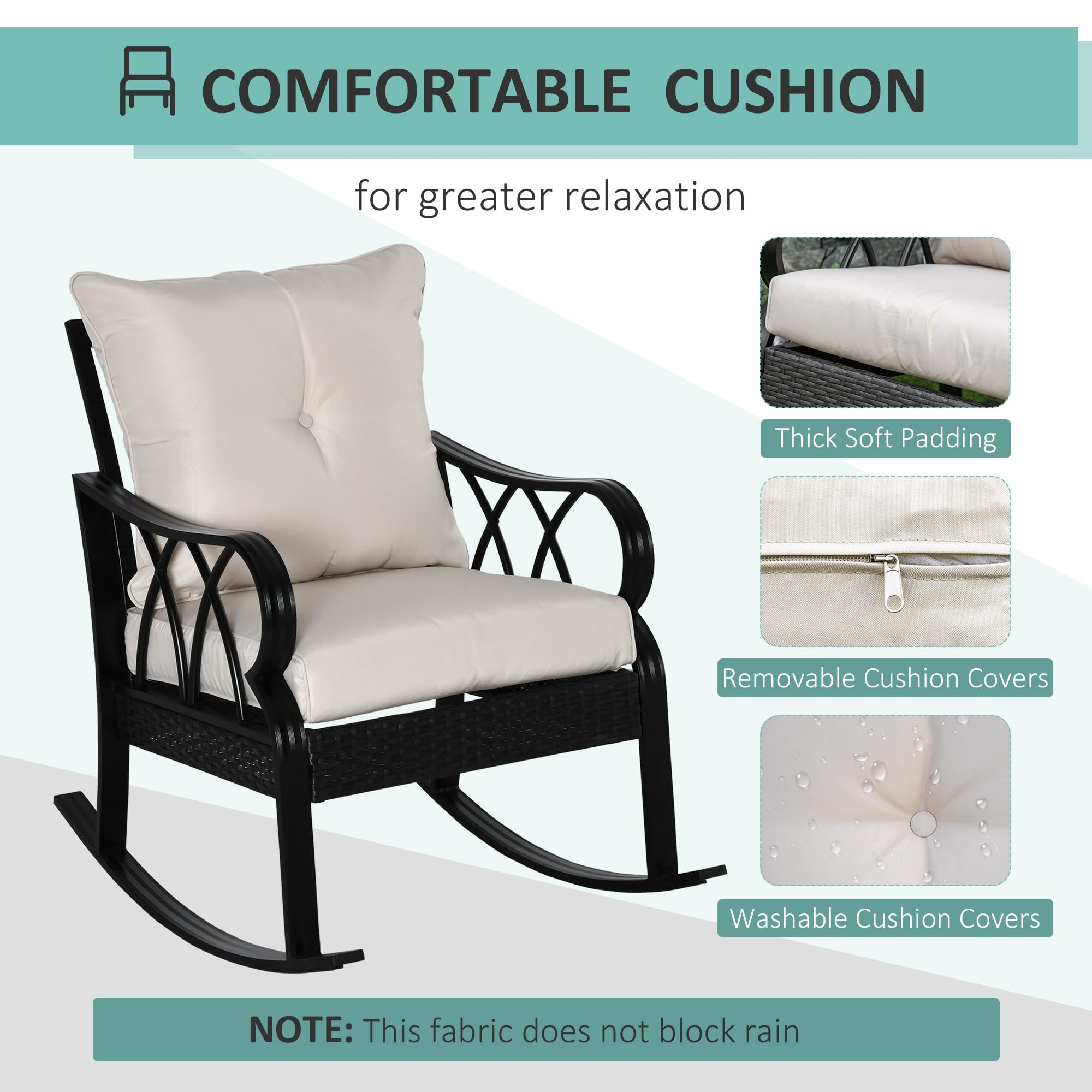 Outsunny Outdoor Wicker Rocking Chair with Padded Cushions - Aluminum Frame Rattan Porch Rocker with Armrests for Patio, Garden & Backyard - Comfortable Khaki Lounge Chair for Relaxing, Reading & Sunbathing