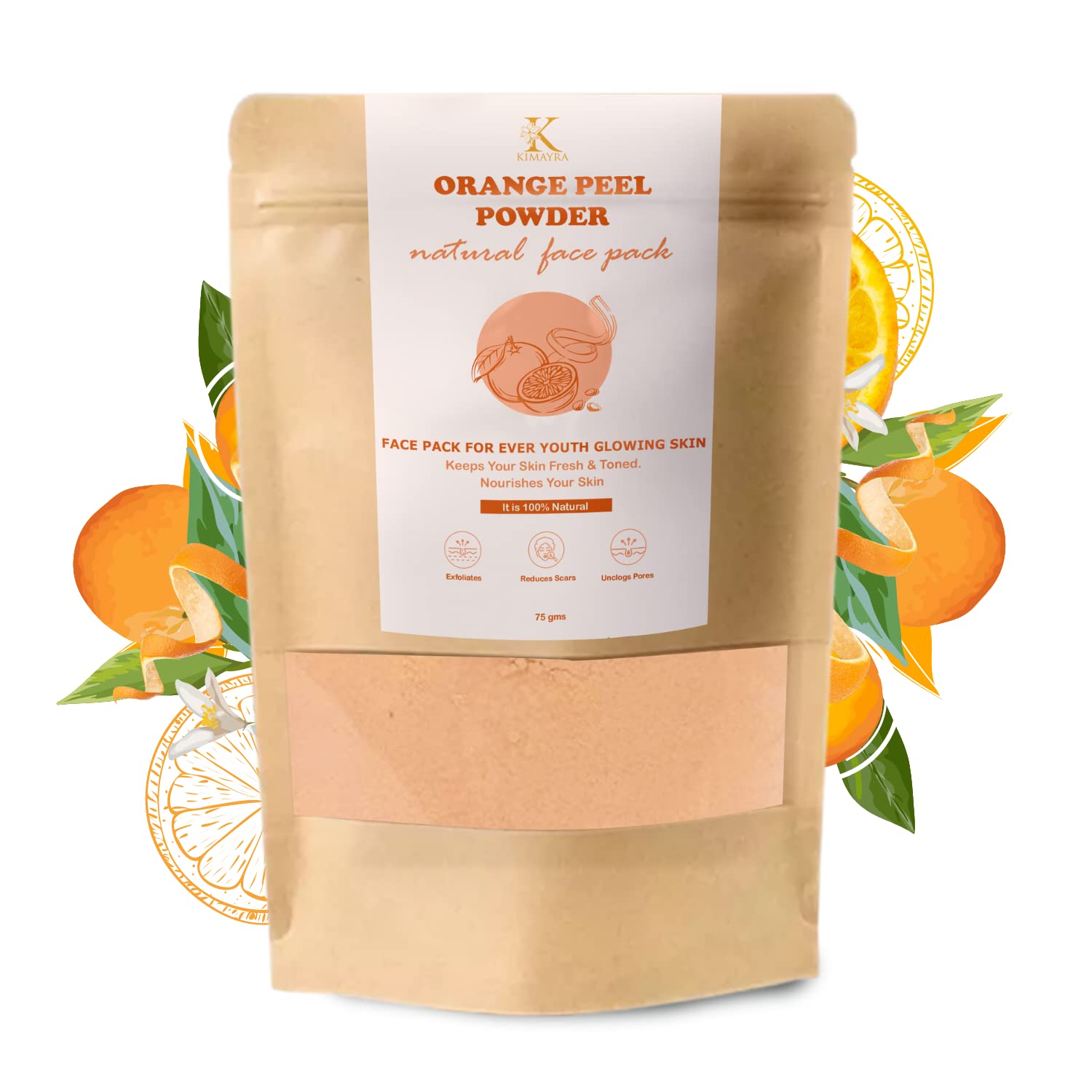 Kimayra Natural Orange Peel Powder Face Pack for Youthful Glowing Skin & Scar Reduction - Skin Whitening Treatment for Men & Women (All Skin Types) - 75g | Brightening Facial Mask for Acne Scars, Dark Spots & Dull Skin - Perfect for Daily Skincare Routine & Spa Treatments