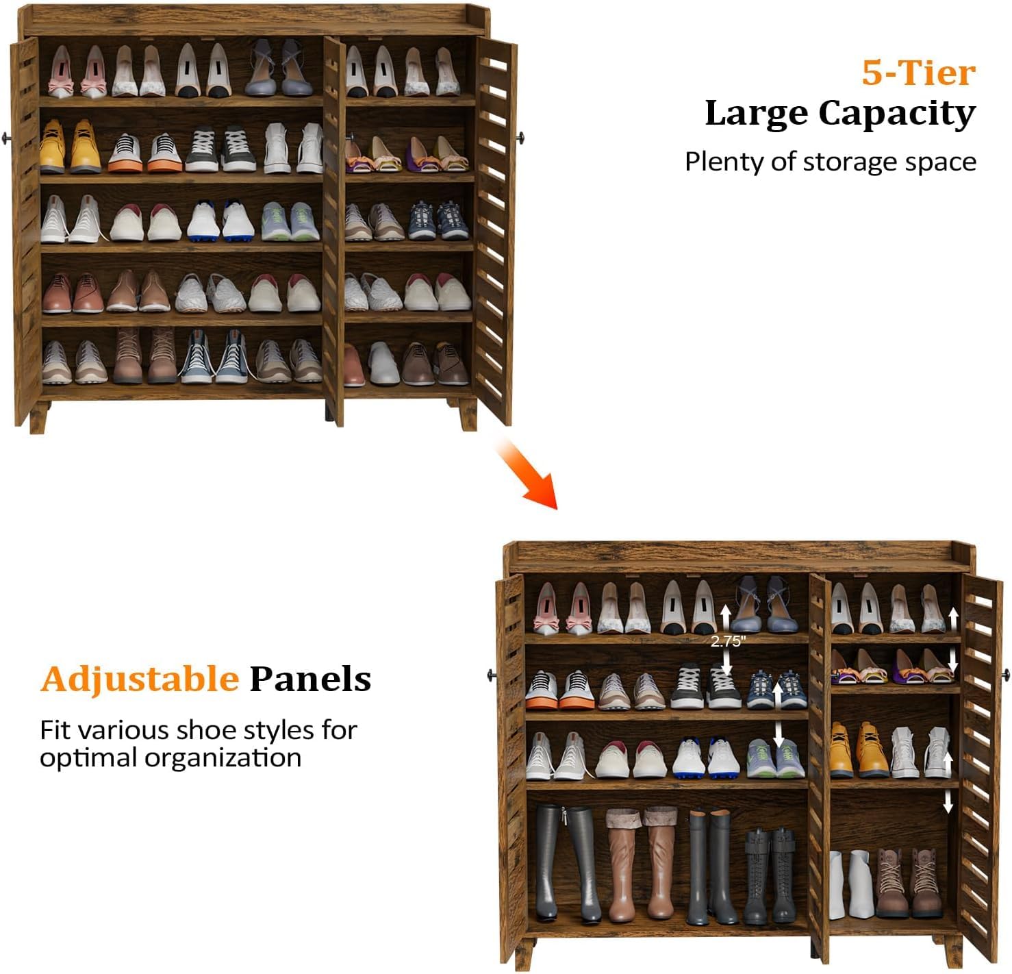 VINGLI 3-Door Hidden Shoe Cabinet Storage Organizer - 5-Tier Adjustable Shelves Freestanding Entryway Shoe Rack for Hallway, Living Room & Bedroom - Rustic Brown Wooden Shoe Storage Cabinet for Home Organization