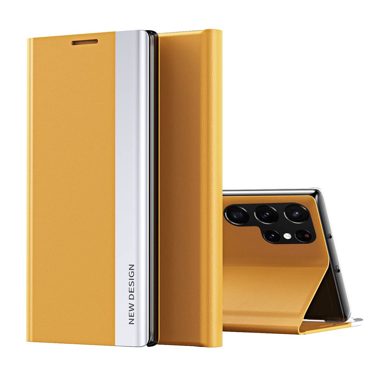 Premium PU Leather Kickstand Case for Samsung Galaxy S22 Ultra - Shockproof Flip Cover with Stand (Not for S22) in CX Yellow | Perfect for Work, Travel & Everyday Protection