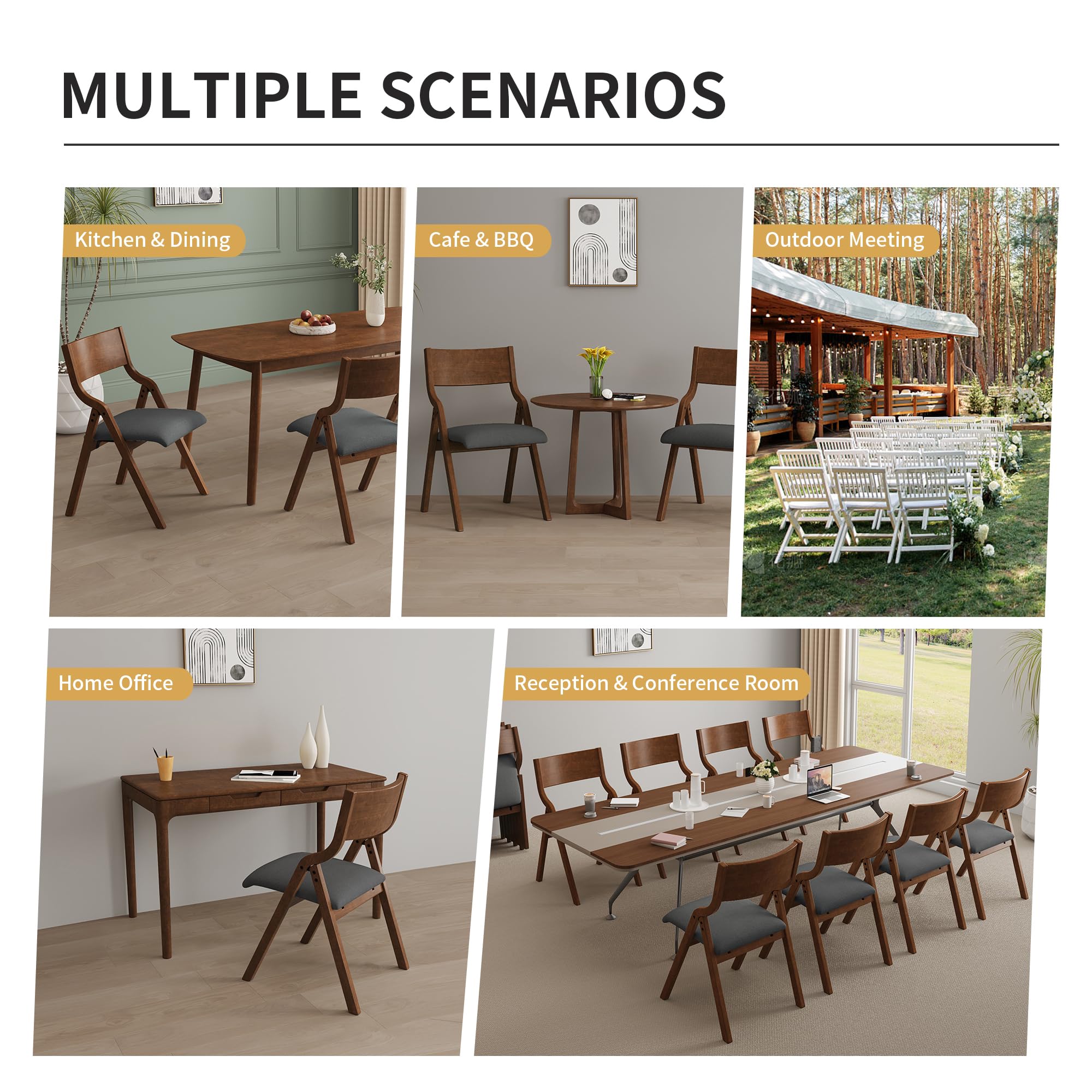 2-Pack Folding Wooden Chairs with Padded Seat - Ergonomic Back Support & Cushion - Portable Dining Chairs for Home, Restaurant, Kitchen, Office - Perfect for Small Spaces, Outdoor Dining & Extra Seating